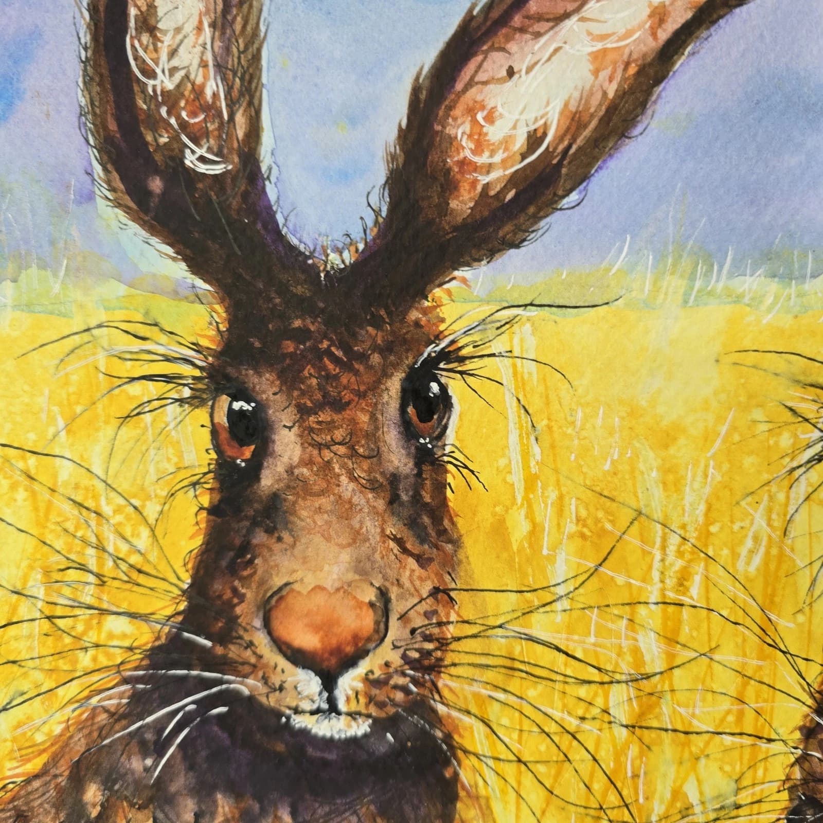 Contemporary Watercolour Painting Hares Portrait Meadow Framed thumbnail 10