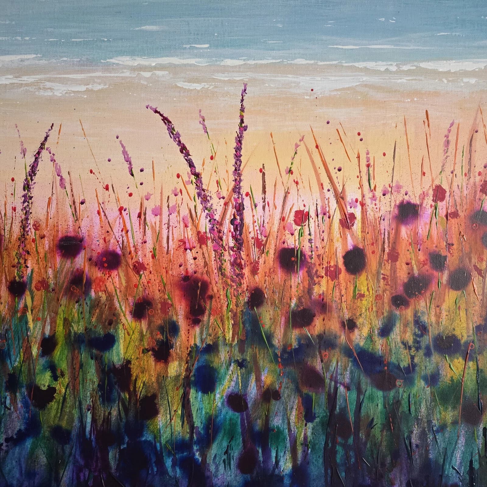 Extra Large 1.5m X 1m Landscape Coastal Floral Hills Painting thumbnail 2
