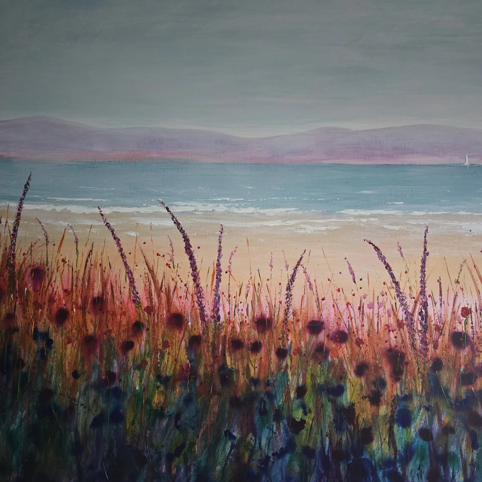 Extra Large 1.5m X 1m Landscape Coastal Floral Hills Painting thumbnail 11