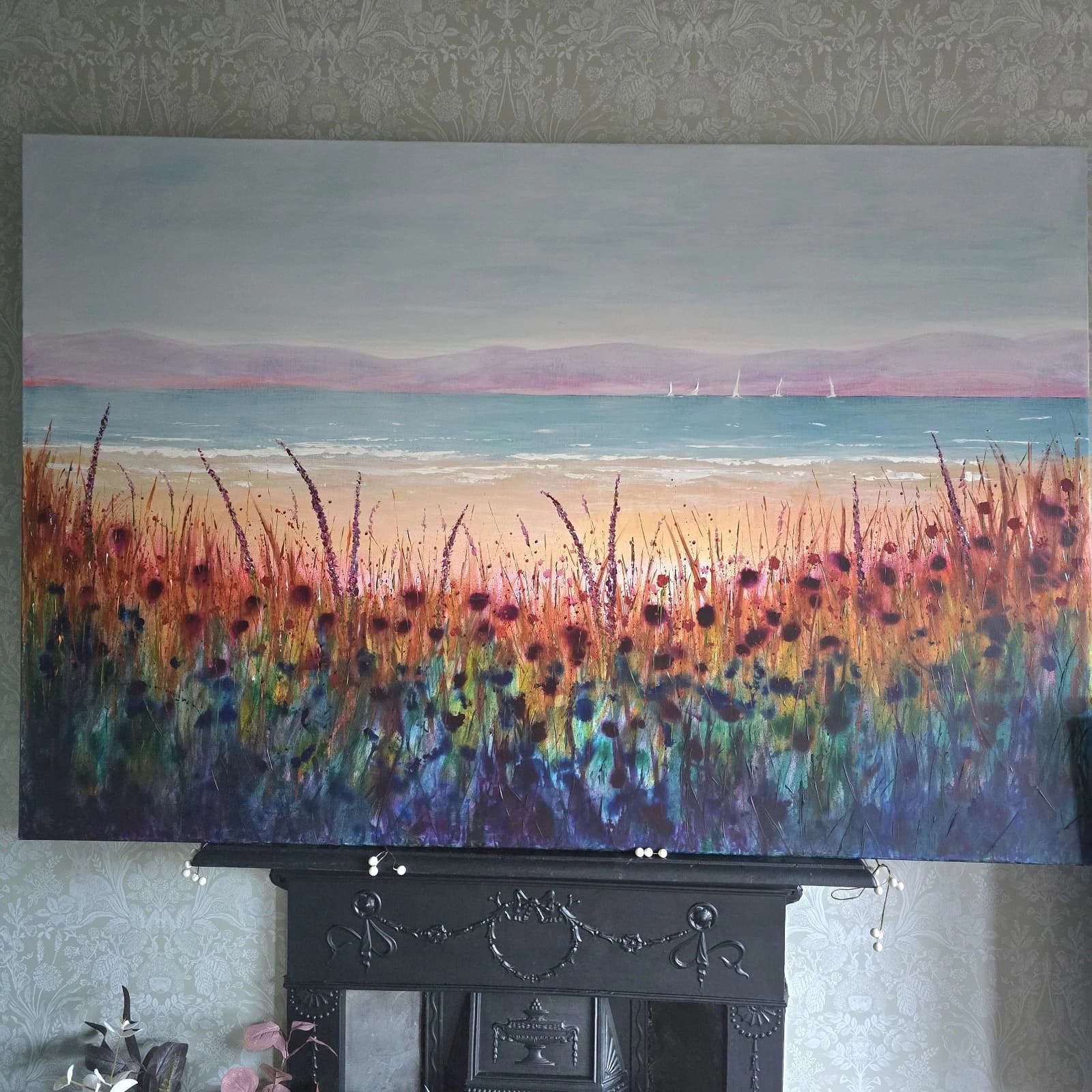 Extra Large 1.5m X 1m Landscape Coastal Floral Hills Painting thumbnail 12