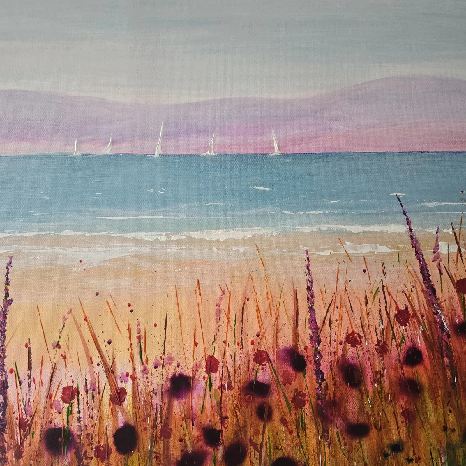 Extra Large 1.5m X 1m Landscape Coastal Floral Hills Painting thumbnail 18