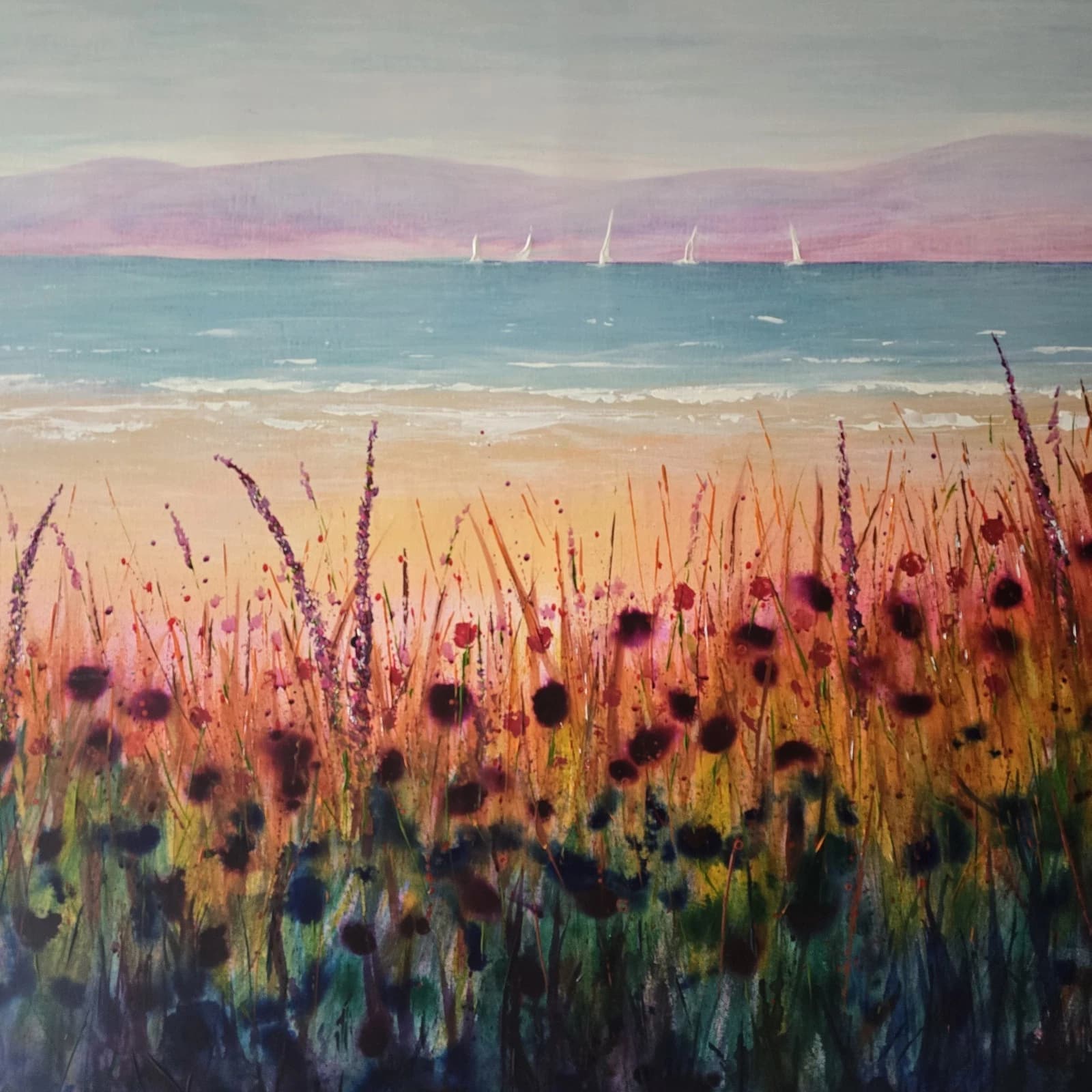 Extra Large 1.5m X 1m Landscape Coastal Floral Hills Painting thumbnail 19
