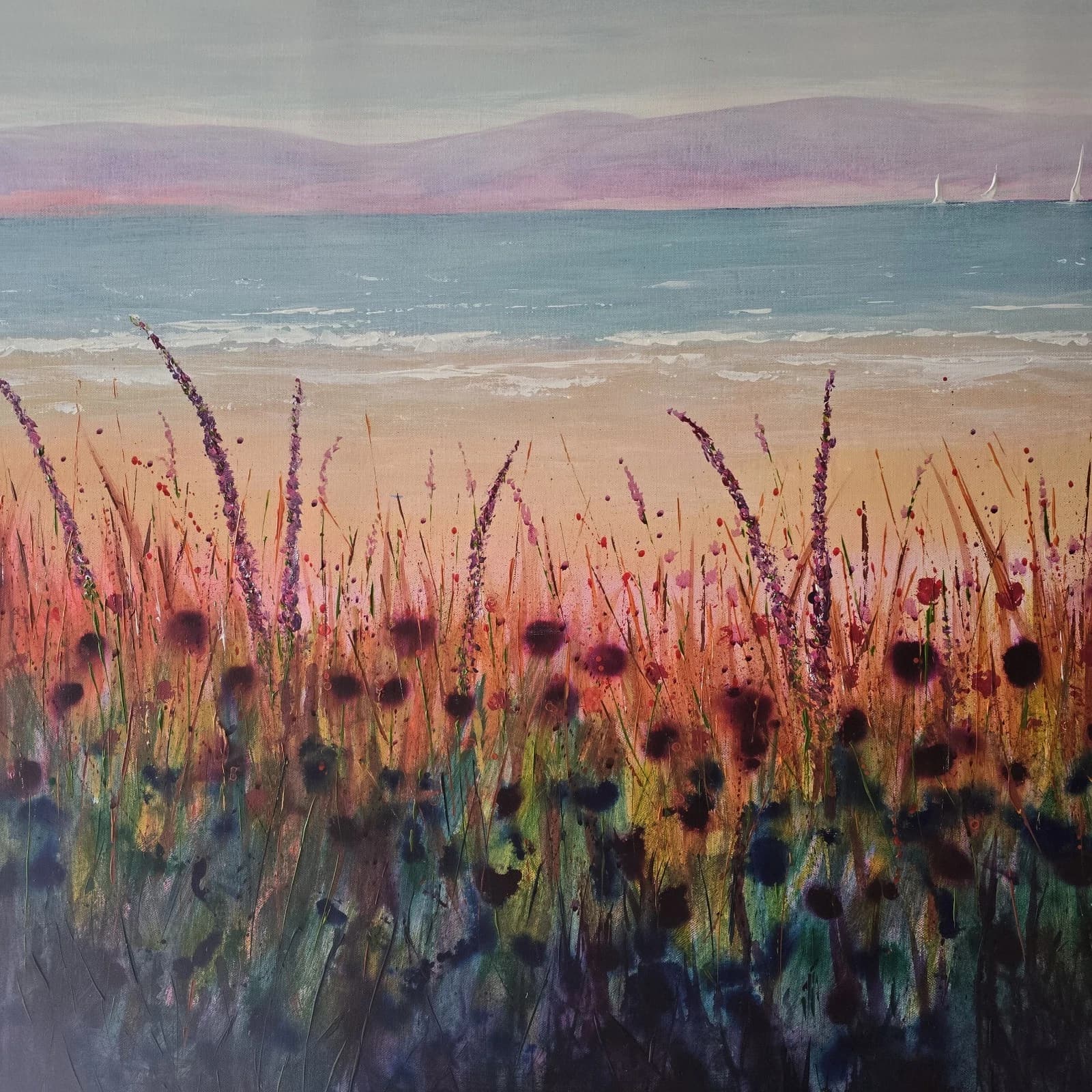 Extra Large 1.5m X 1m Landscape Coastal Floral Hills Painting thumbnail 20