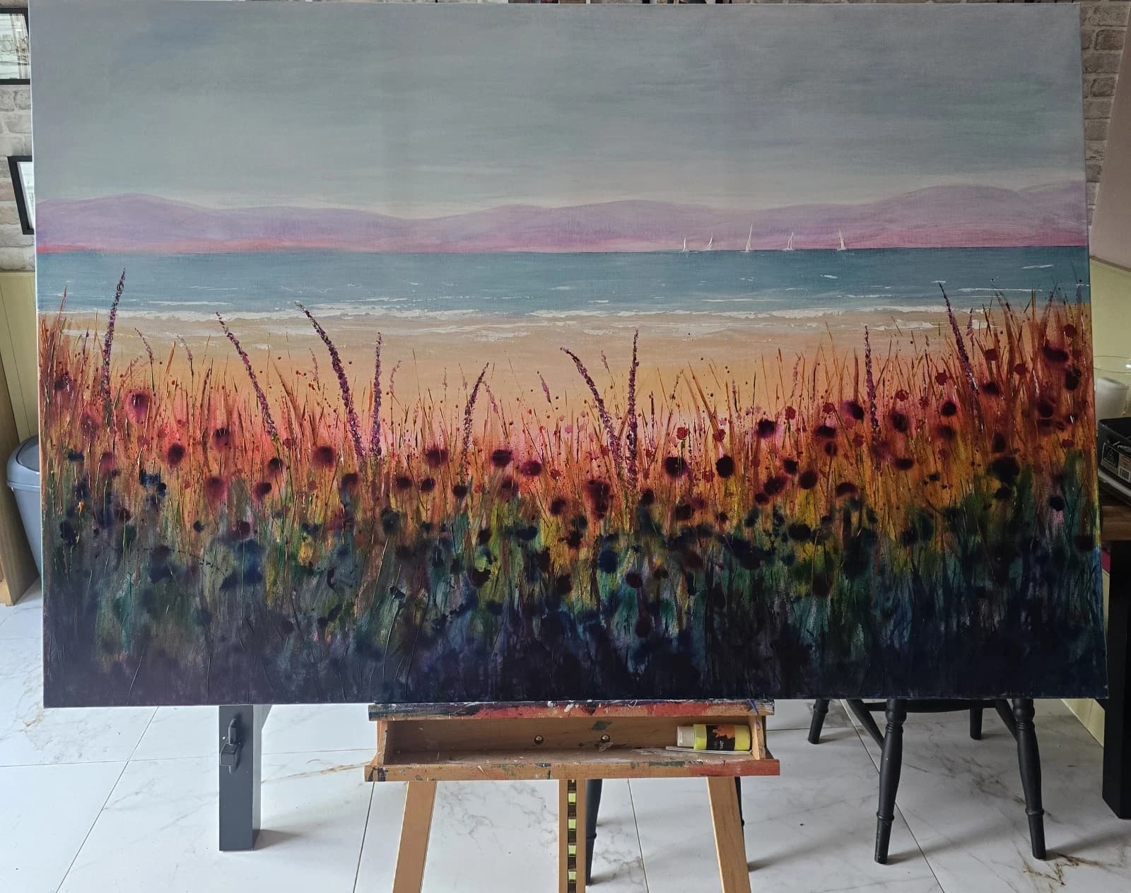 Extra Large 1.5m X 1m Landscape Coastal Floral Hills Painting thumbnail 22