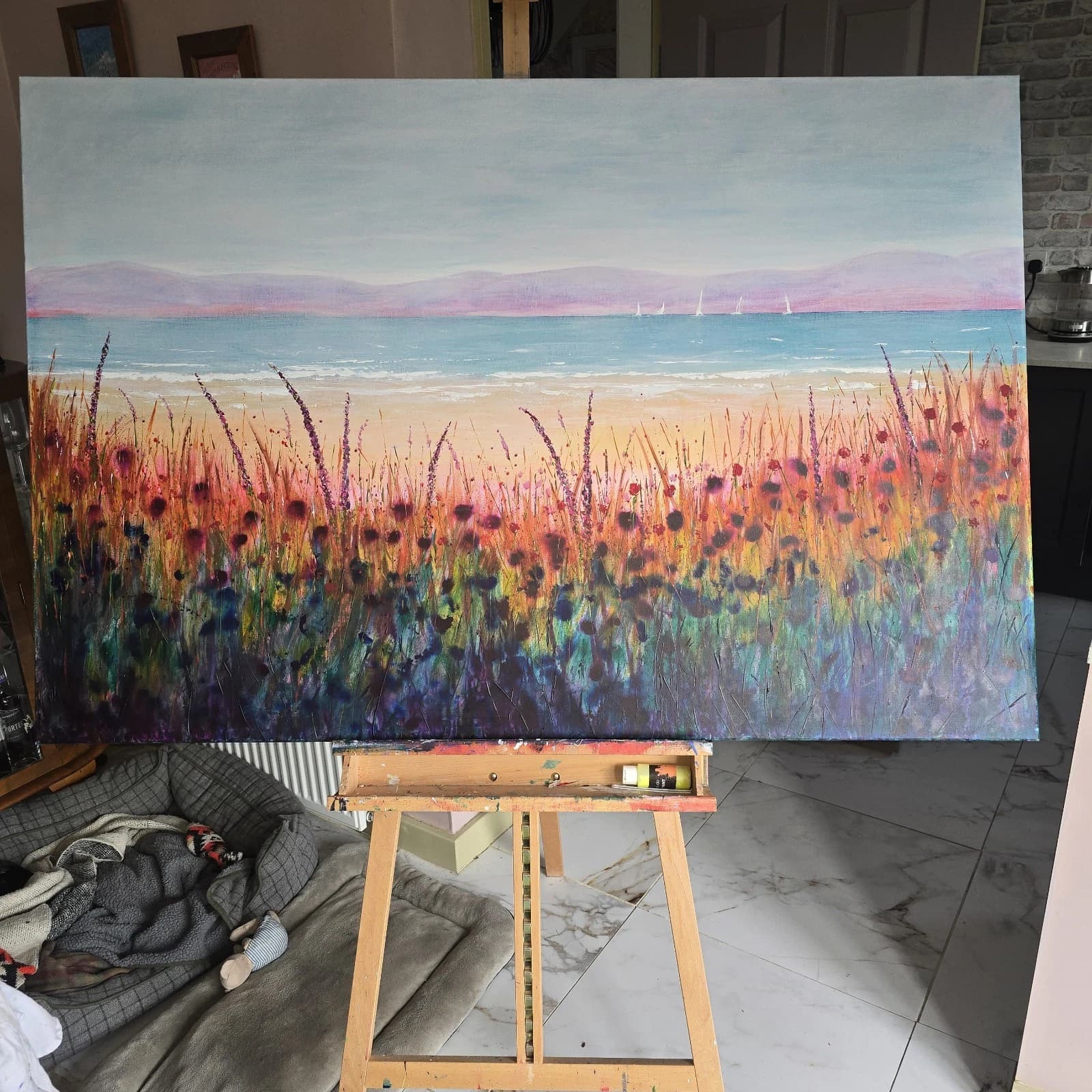 Extra Large 1.5m X 1m Landscape Coastal Floral Hills Painting thumbnail 23