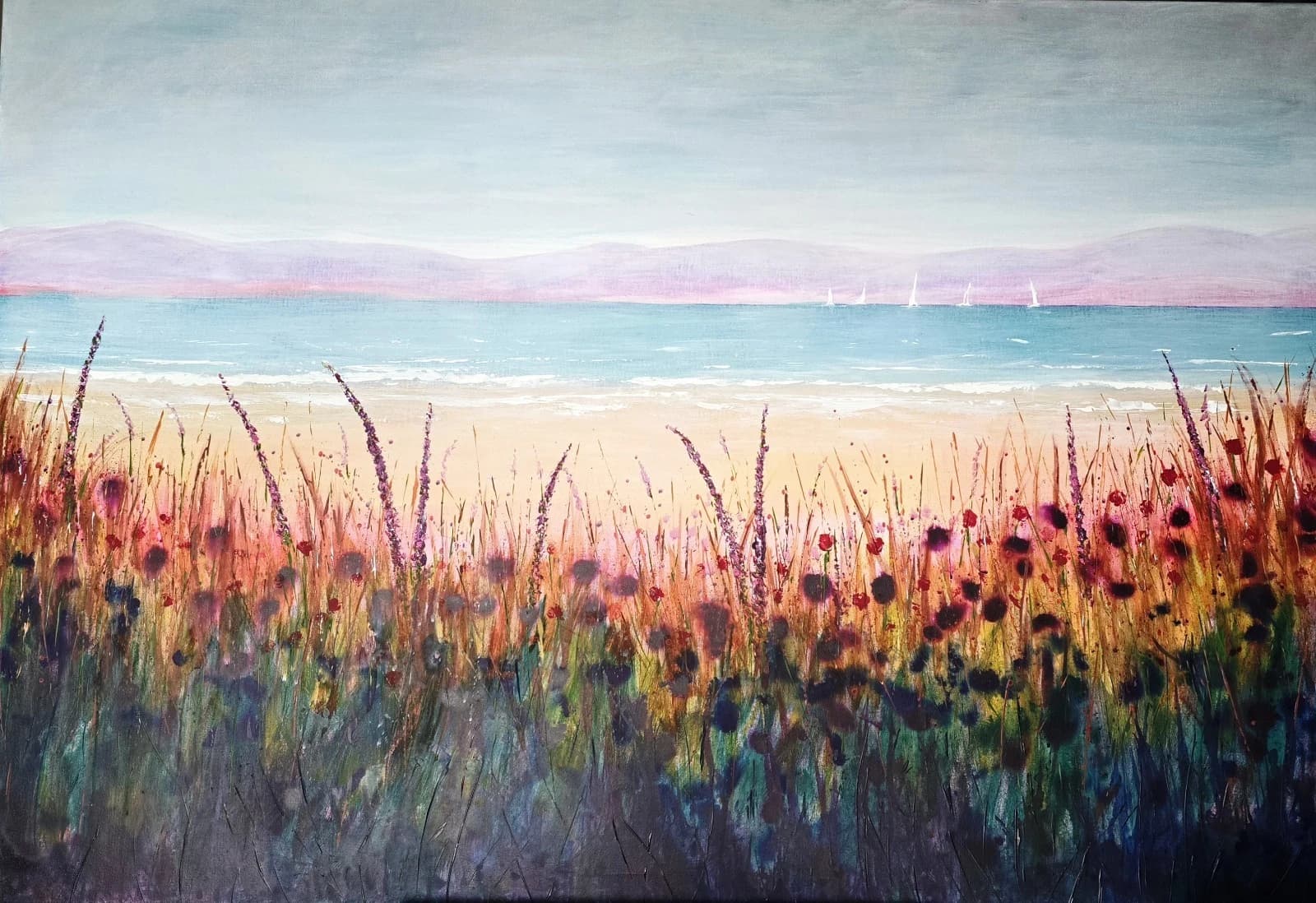 Extra Large 1.5m X 1m Landscape Coastal Floral Hills Painting thumbnail 24