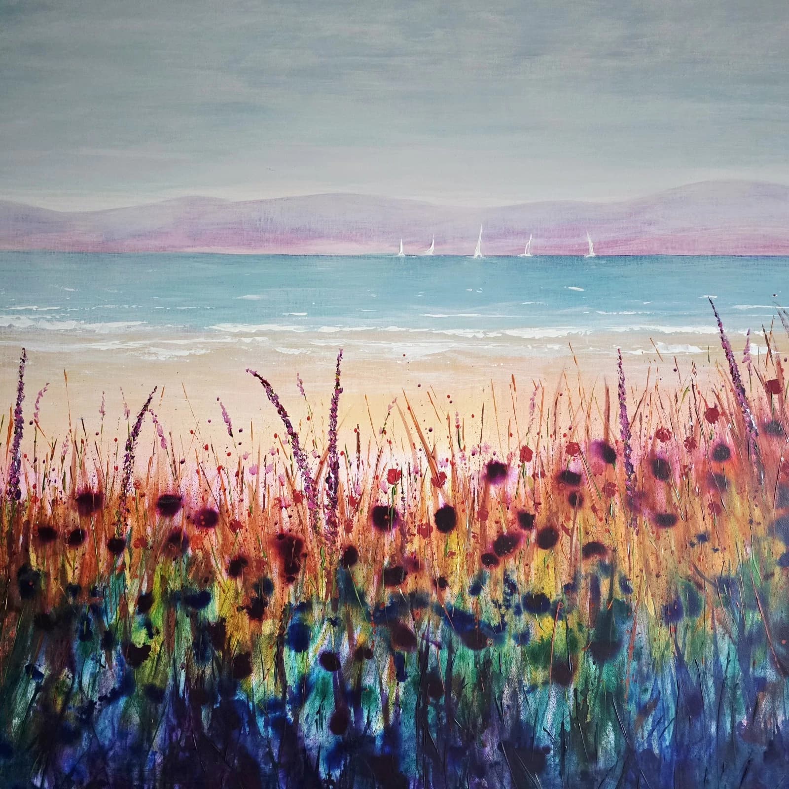 Extra Large 1.5m X 1m Landscape Coastal Floral Hills Painting thumbnail 10
