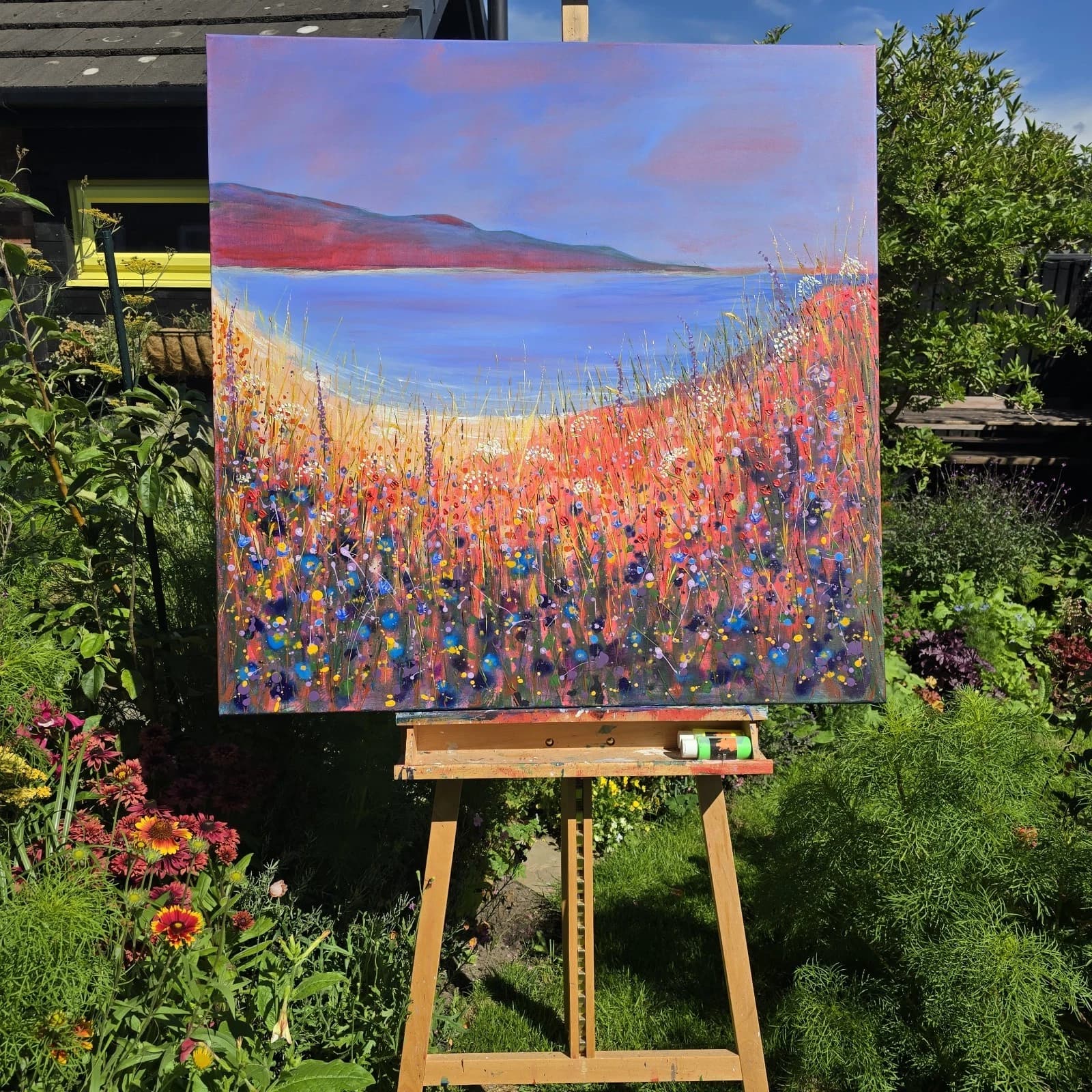 Extra Large 1m X 1m Landscape Coastal Cove Floral Acrylic Painting thumbnail 2