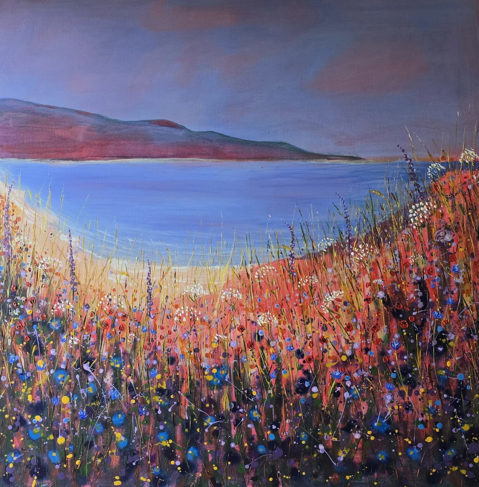 Extra Large 1m X 1m Landscape Coastal Cove Floral Acrylic Painting thumbnail 11