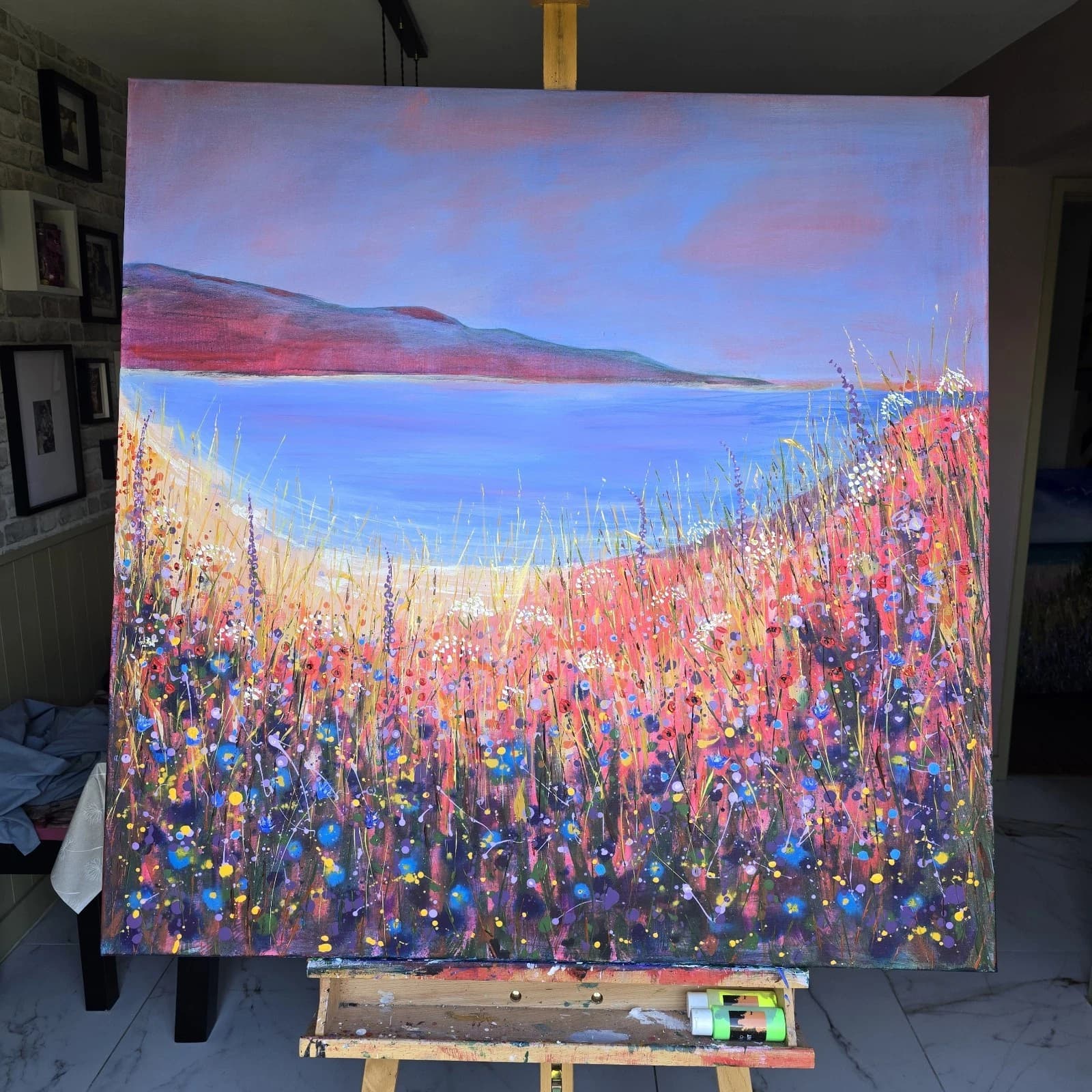 Extra Large 1m X 1m Landscape Coastal Cove Floral Acrylic Painting thumbnail 13