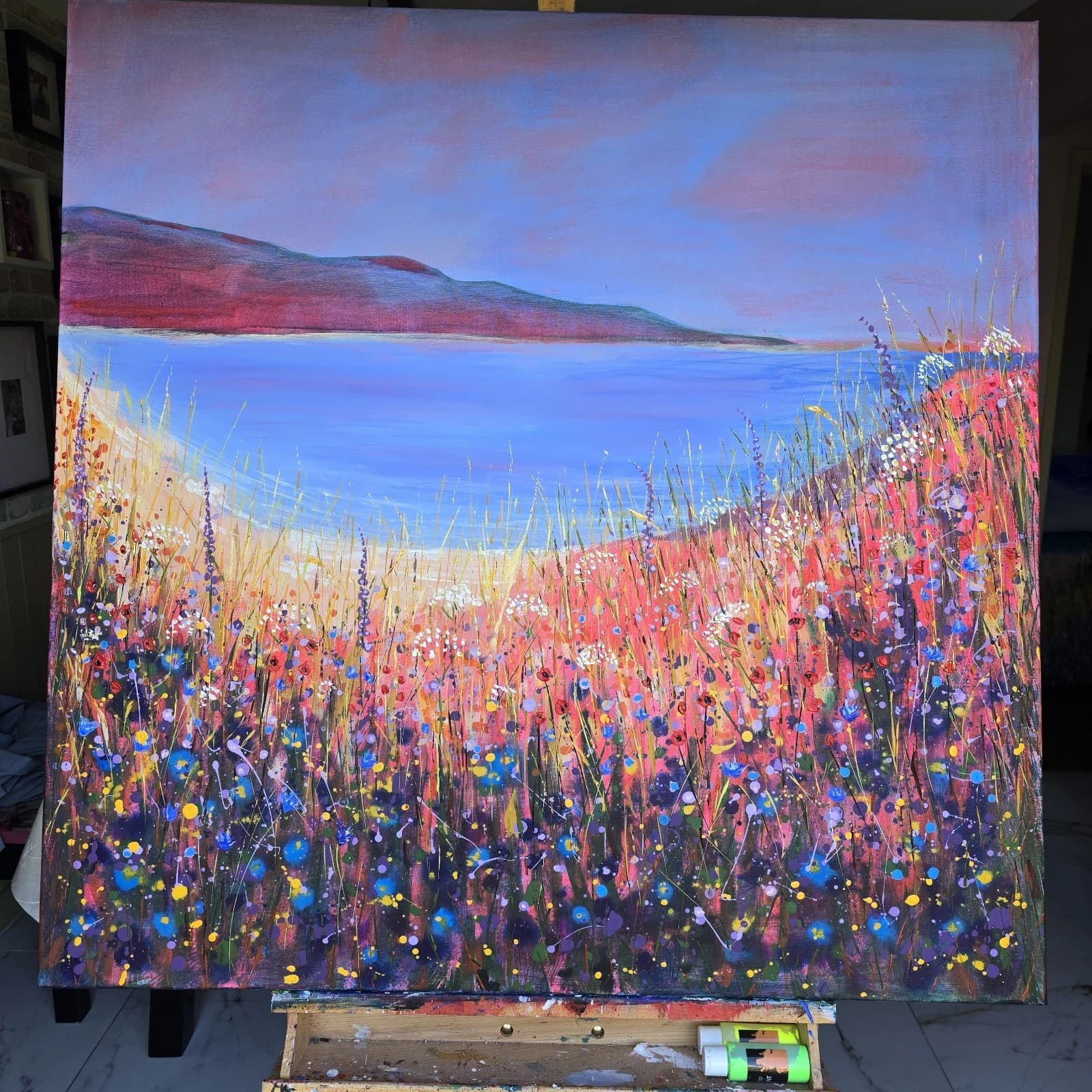 Extra Large 1m X 1m Landscape Coastal Cove Floral Acrylic Painting thumbnail 14