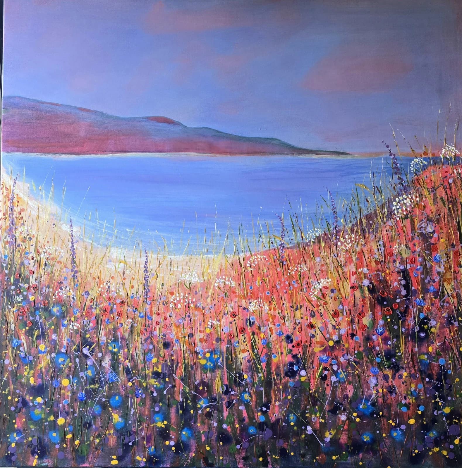 Extra Large 1m X 1m Landscape Coastal Cove Floral Acrylic Painting thumbnail 3