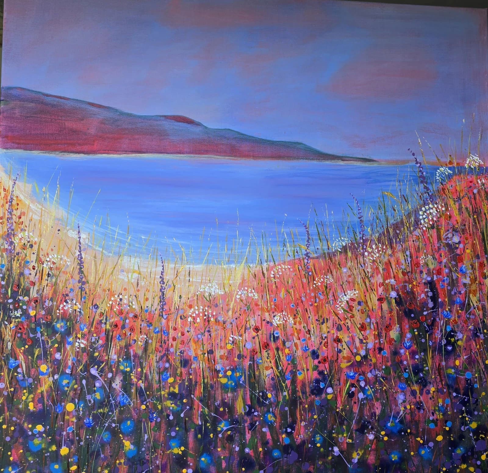 Extra Large 1m X 1m Landscape Coastal Cove Floral Acrylic Painting thumbnail 23