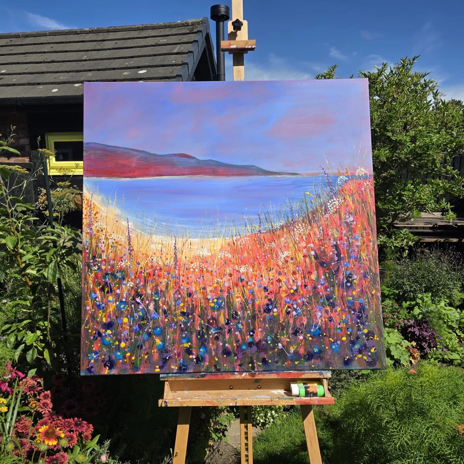 Extra Large 1m X 1m Landscape Coastal Cove Floral Acrylic Painting thumbnail 4