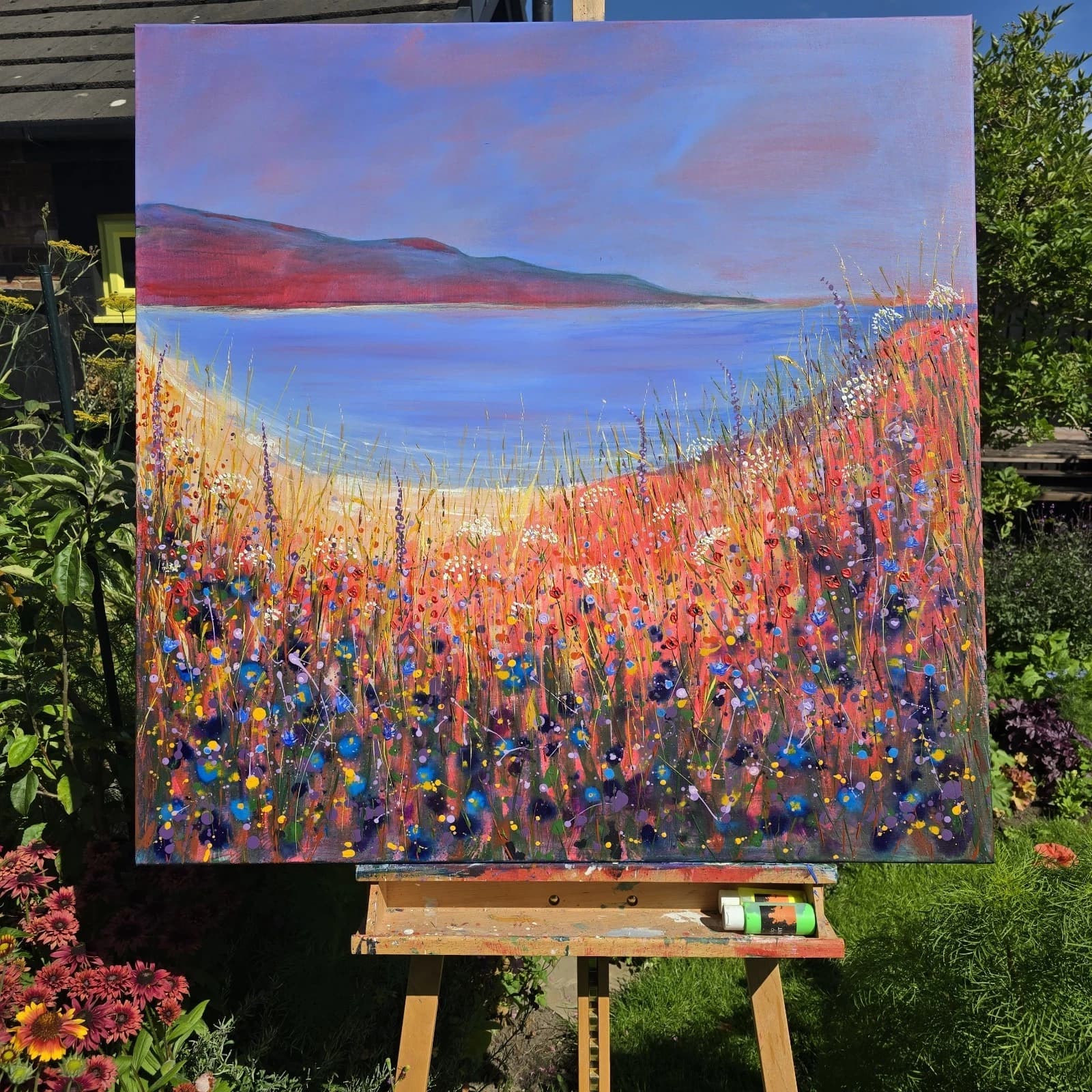 Extra Large 1m X 1m Landscape Coastal Cove Floral Acrylic Painting thumbnail 5