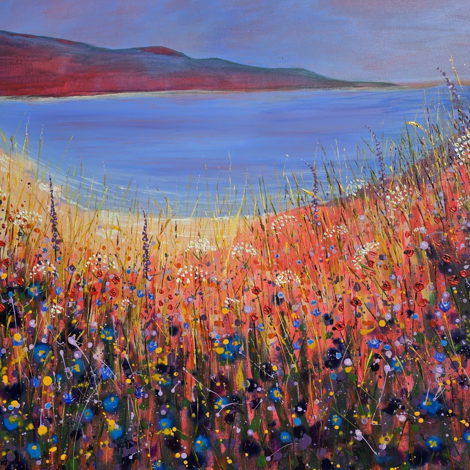 Extra Large 1m X 1m Landscape Coastal Cove Floral Acrylic Painting thumbnail 6