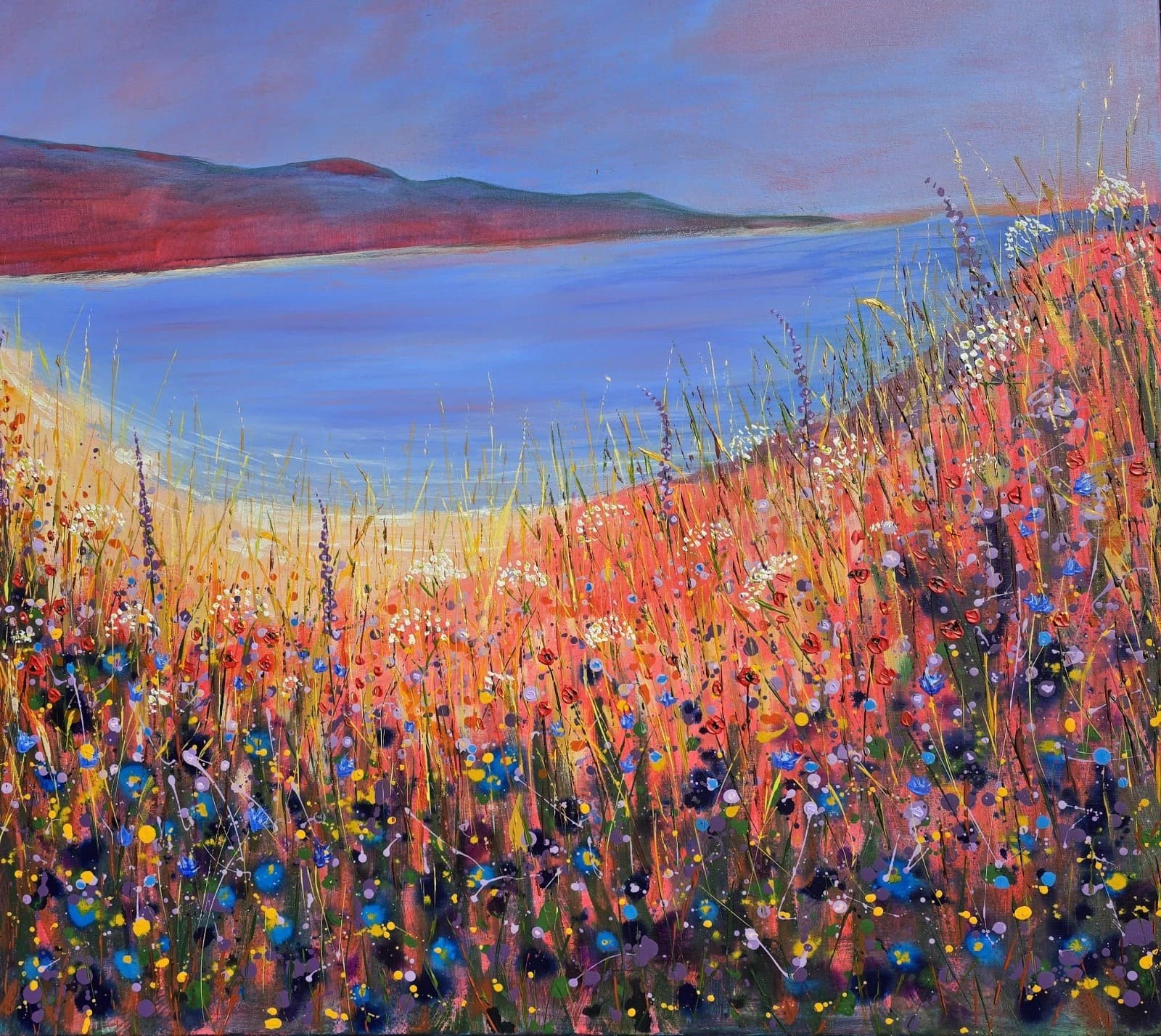 Extra Large 1m X 1m Landscape Coastal Cove Floral Acrylic Painting thumbnail 7
