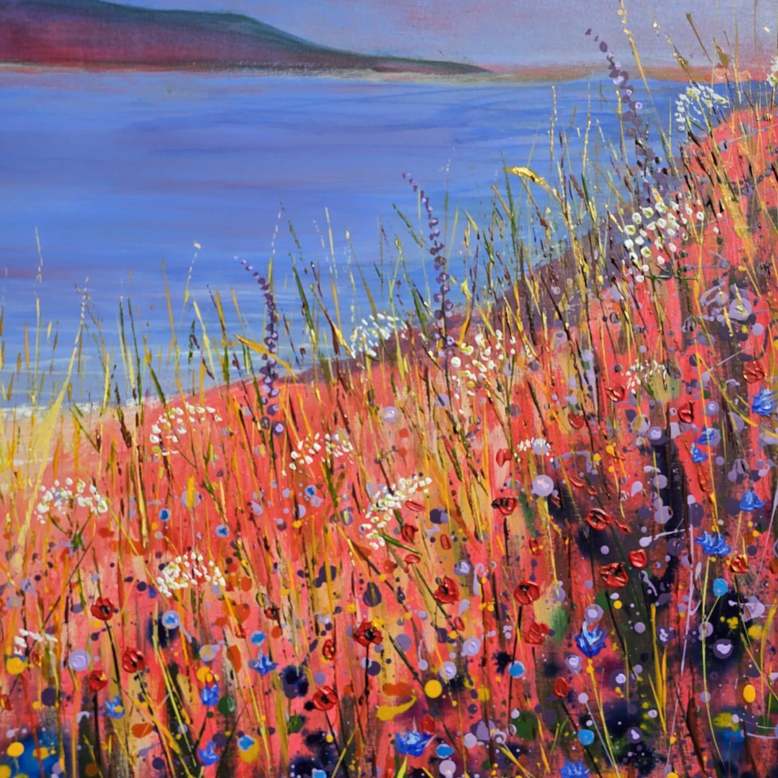 Extra Large 1m X 1m Landscape Coastal Cove Floral Acrylic Painting thumbnail 8