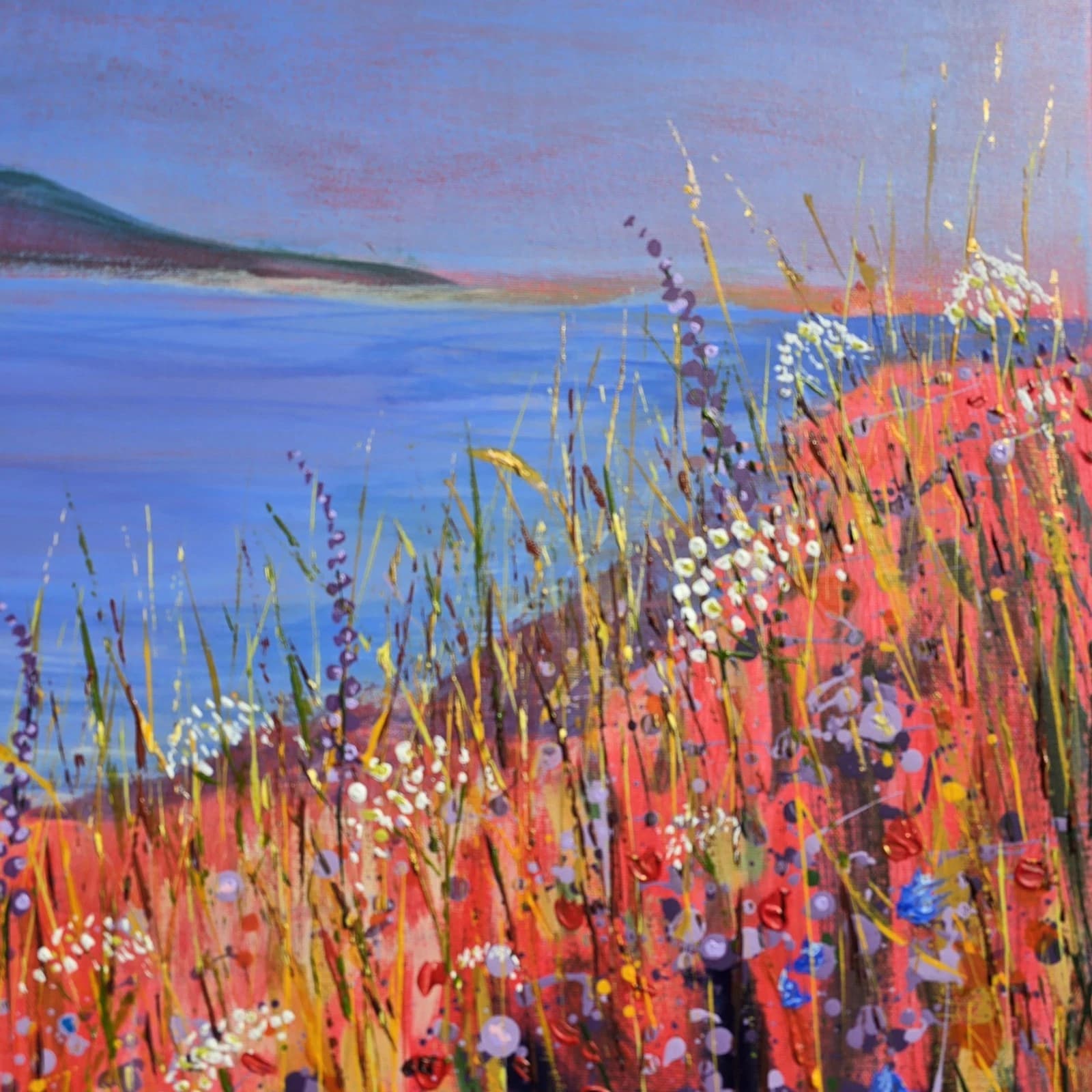 Extra Large 1m X 1m Landscape Coastal Cove Floral Acrylic Painting thumbnail 9