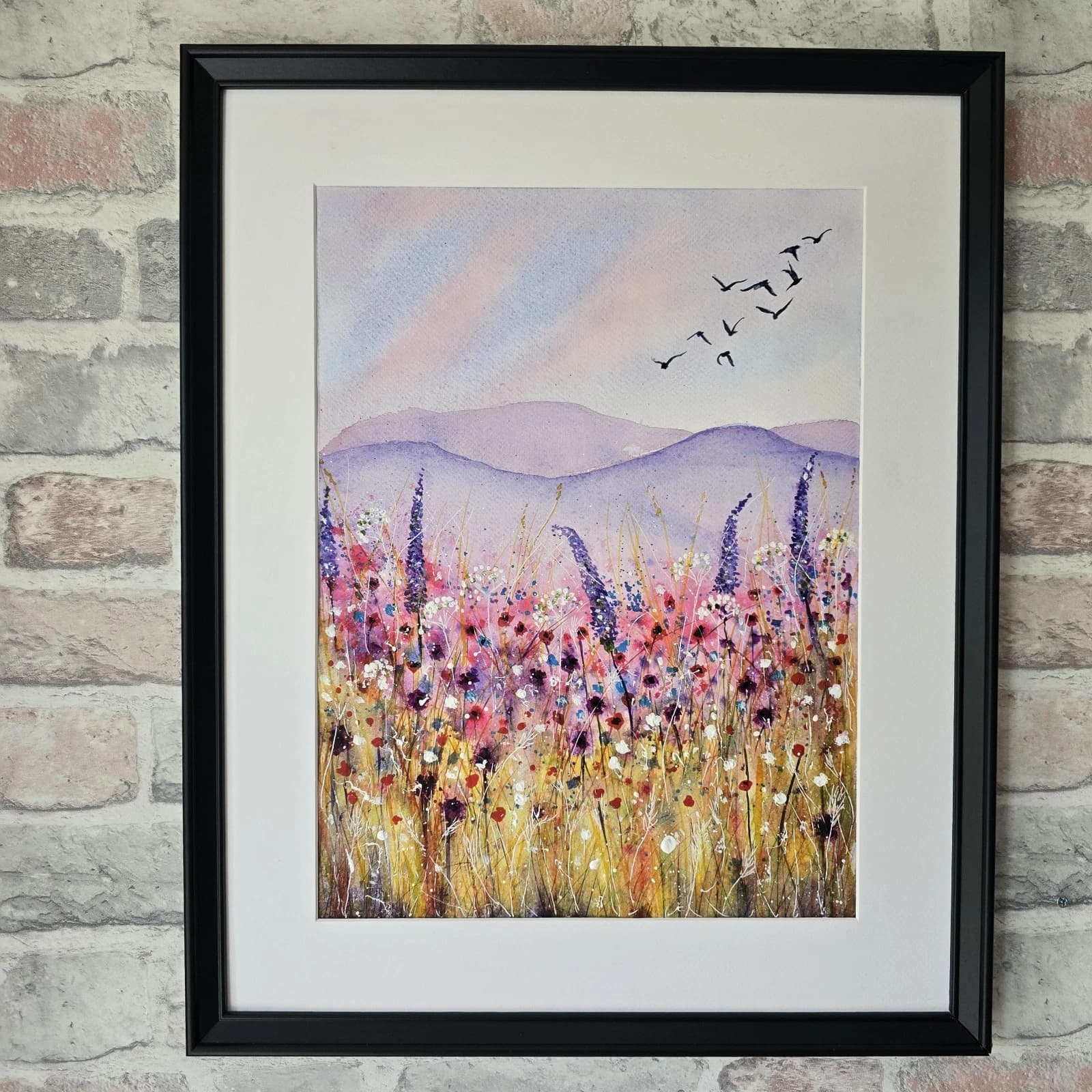 Floral Landscape Watercolour Painting Birds Contemporary Framed thumbnail 2