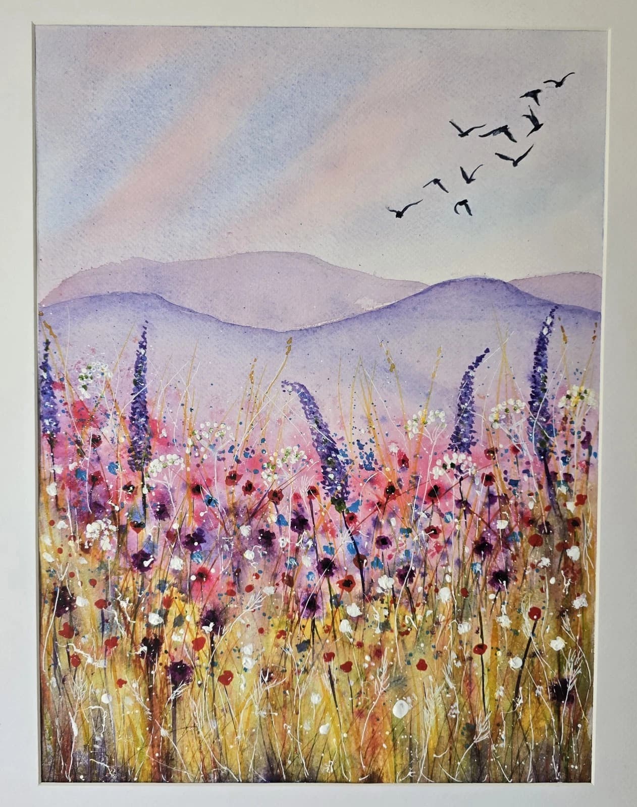 Floral Landscape Watercolour Painting Birds Contemporary Framed thumbnail 13