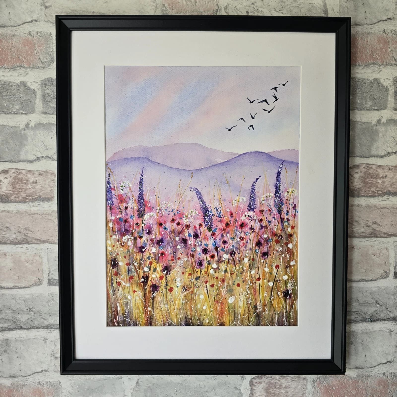 Floral Landscape Watercolour Painting Birds Contemporary Framed thumbnail 14
