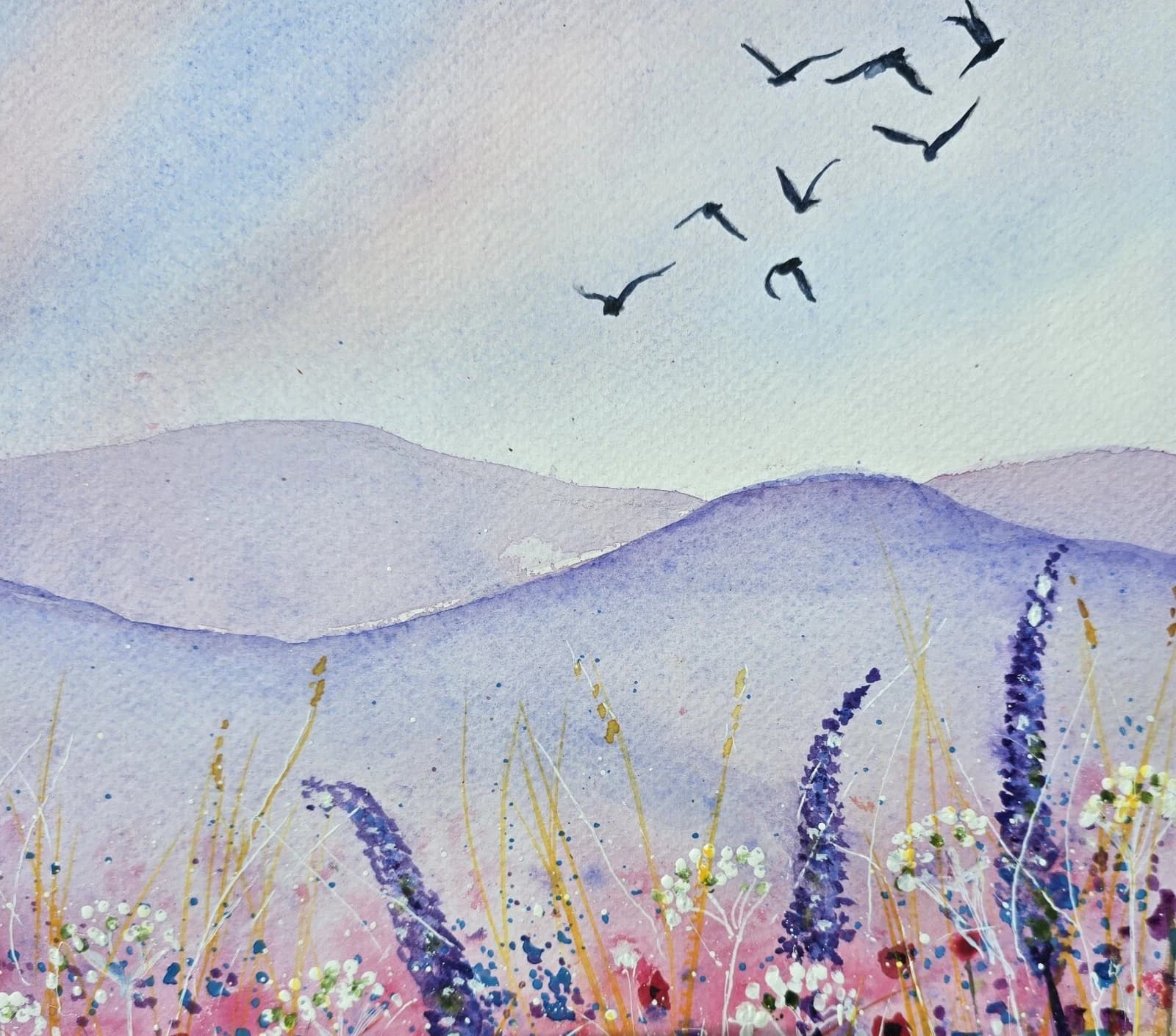 Floral Landscape Watercolour Painting Birds Contemporary Framed thumbnail 15
