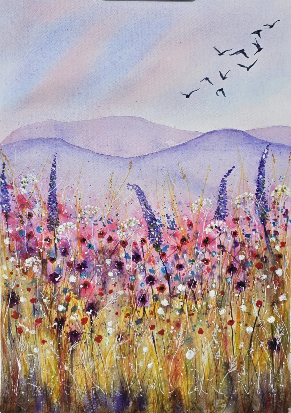Floral Landscape Watercolour Painting Birds Contemporary Framed thumbnail 16