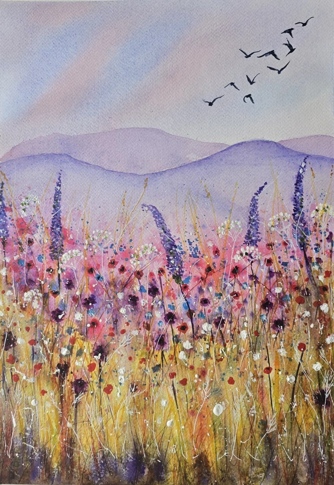 Floral Landscape Watercolour Painting Birds Contemporary Framed thumbnail 17