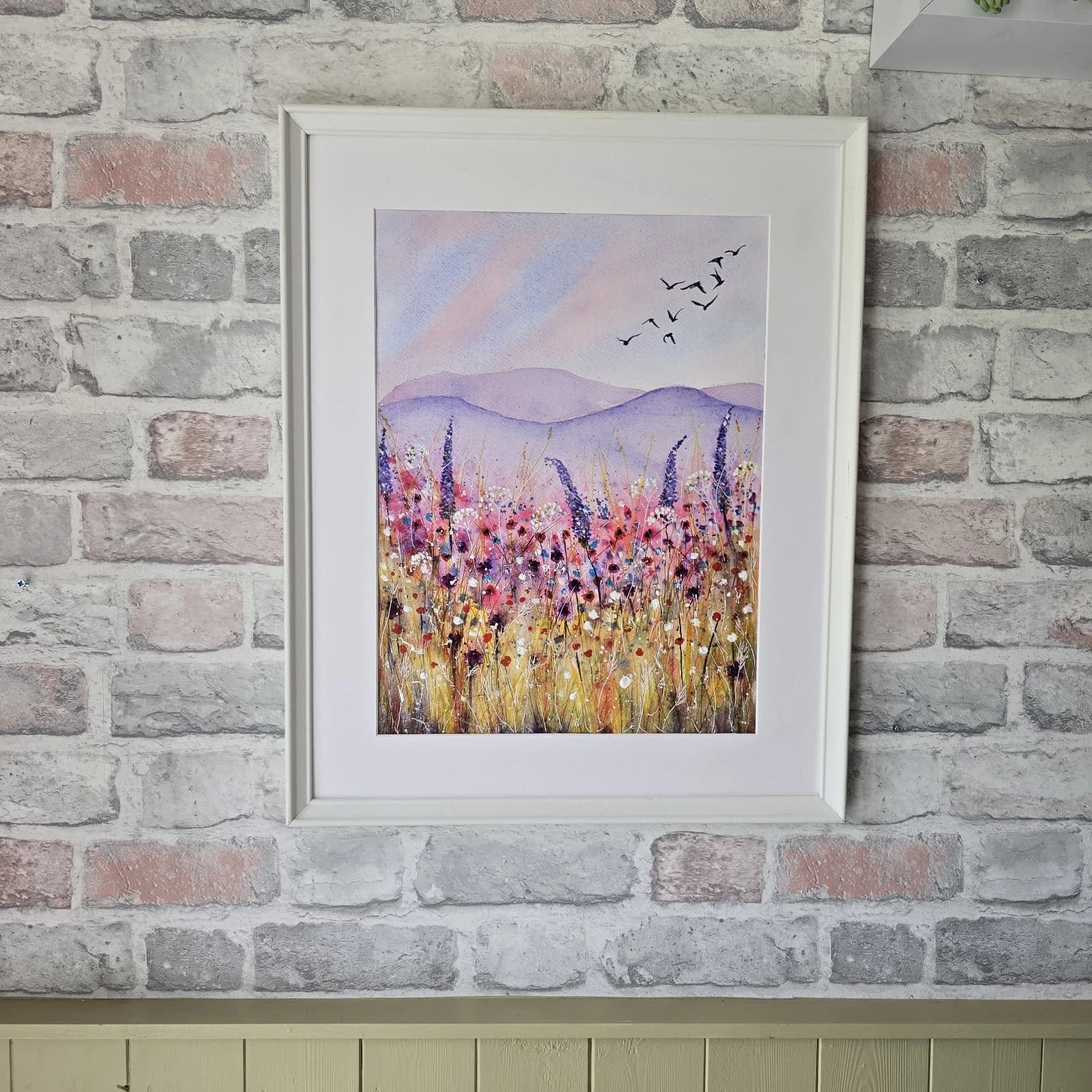 Floral Landscape Watercolour Painting Birds Contemporary Framed thumbnail 3