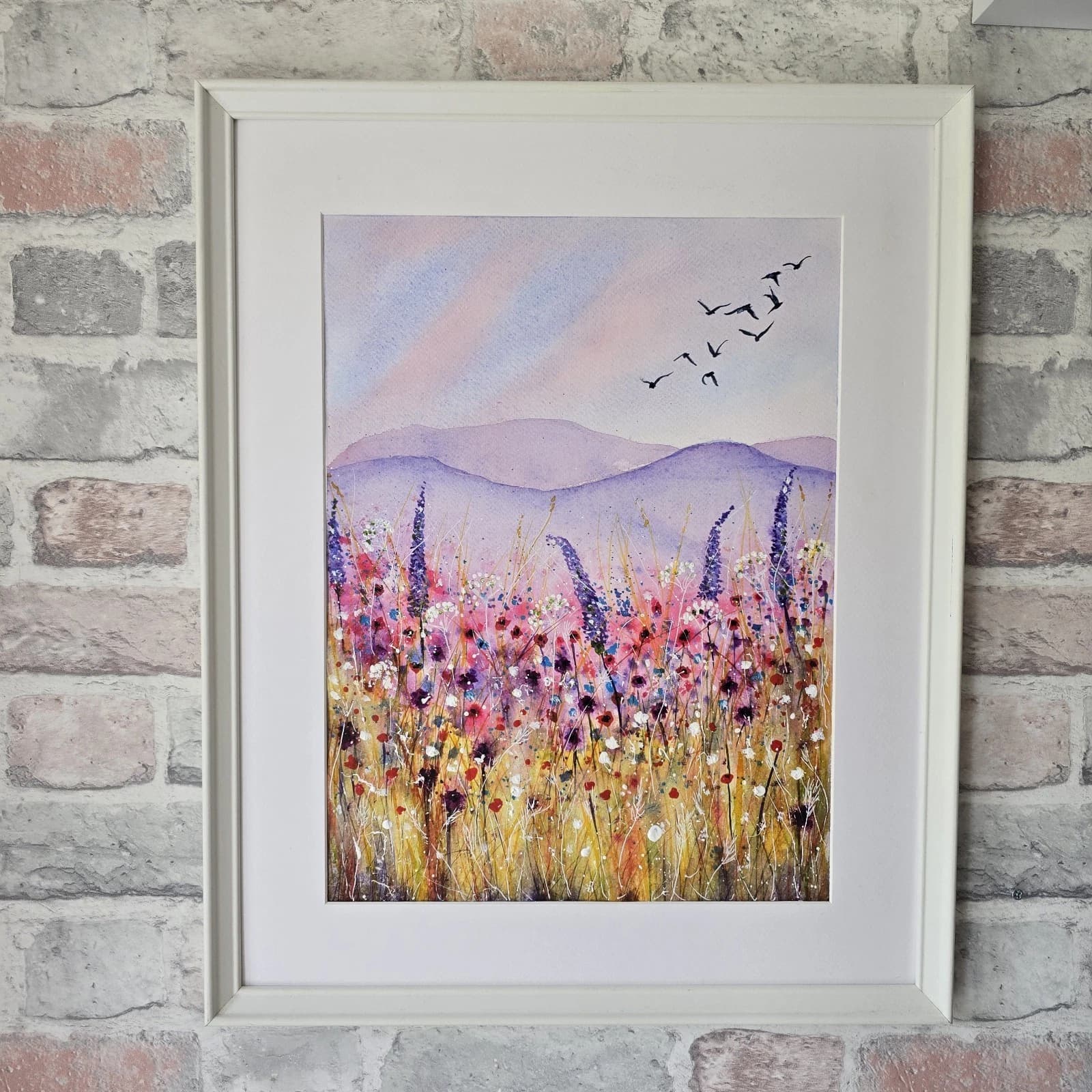 Floral Landscape Watercolour Painting Birds Contemporary Framed thumbnail 4