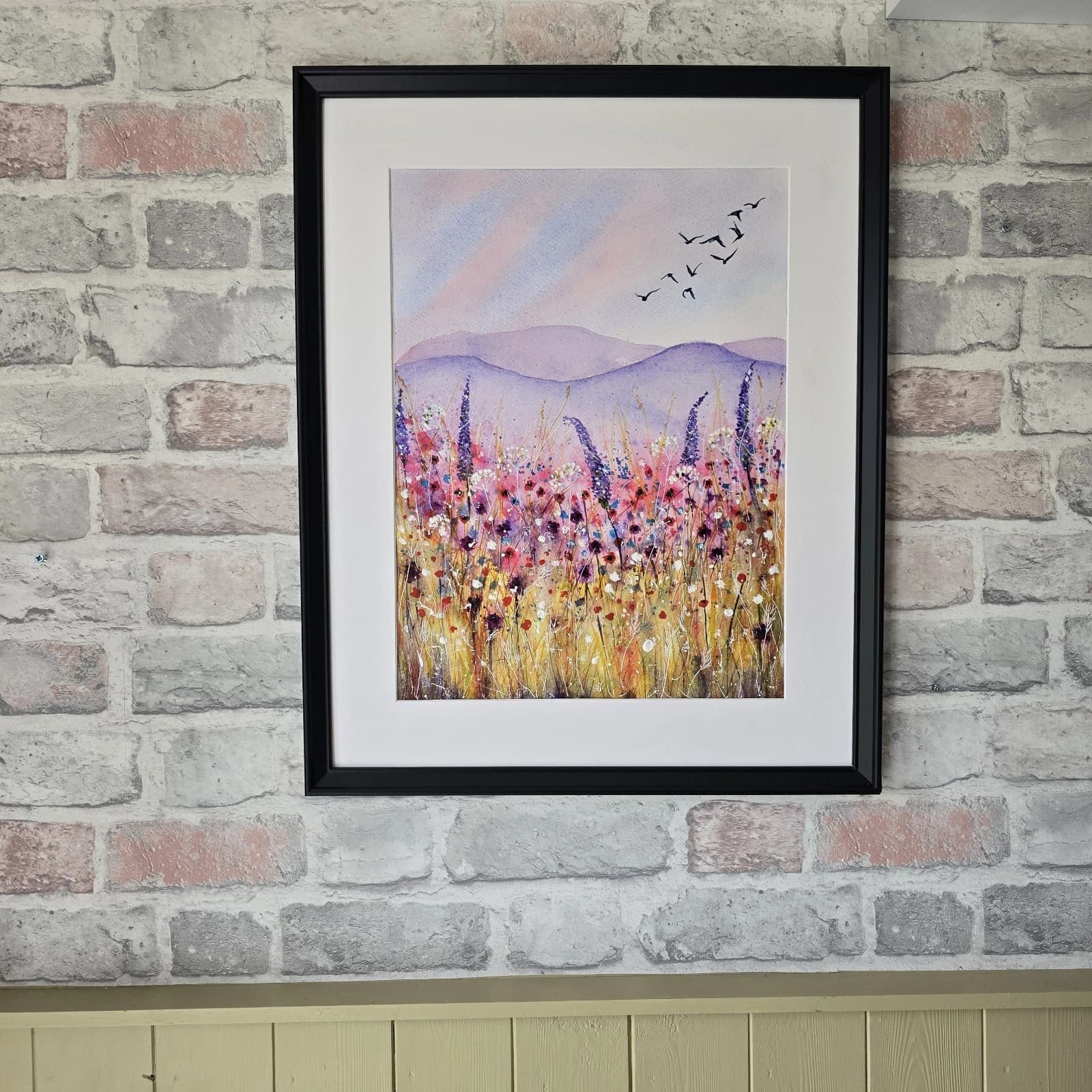 Floral Landscape Watercolour Painting Birds Contemporary Framed thumbnail 6