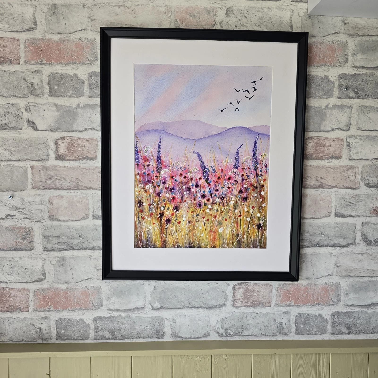 Floral Landscape Watercolour Painting Birds Contemporary Framed thumbnail 7