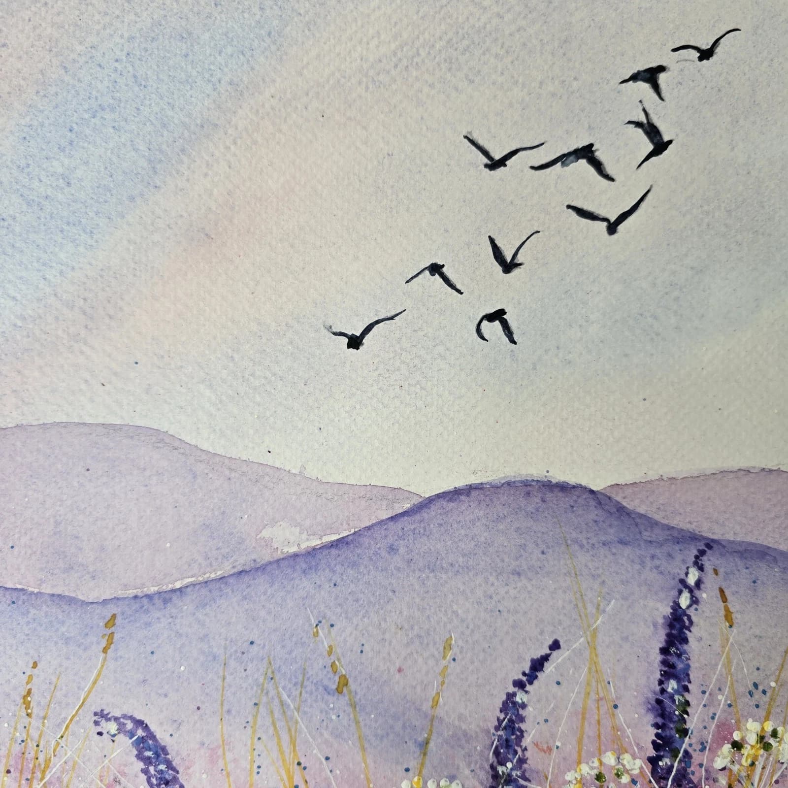 Floral Landscape Watercolour Painting Birds Contemporary Framed thumbnail 9