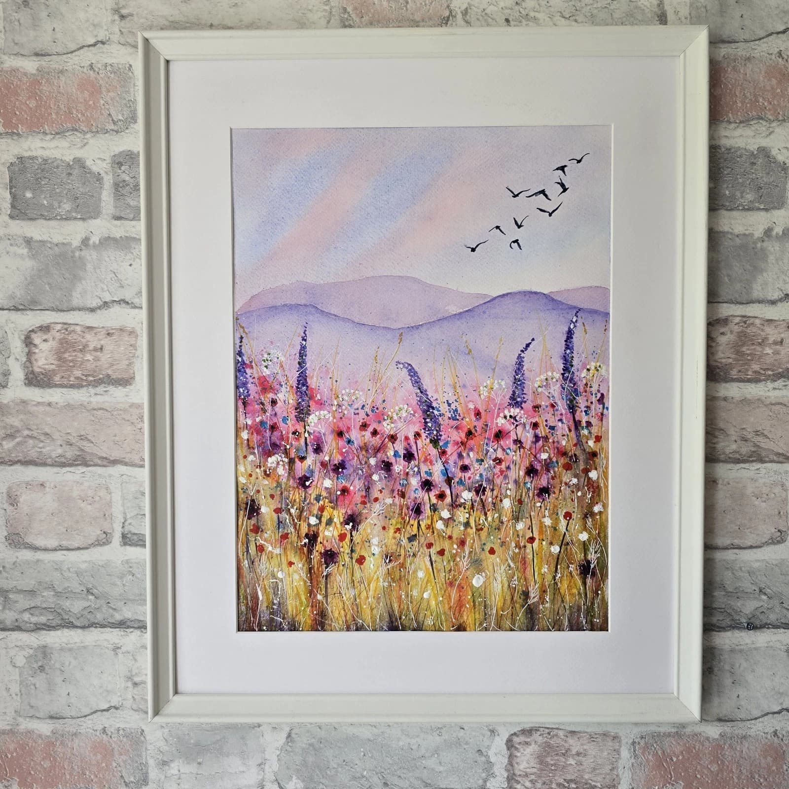 Floral Landscape Watercolour Painting Birds Contemporary Framed