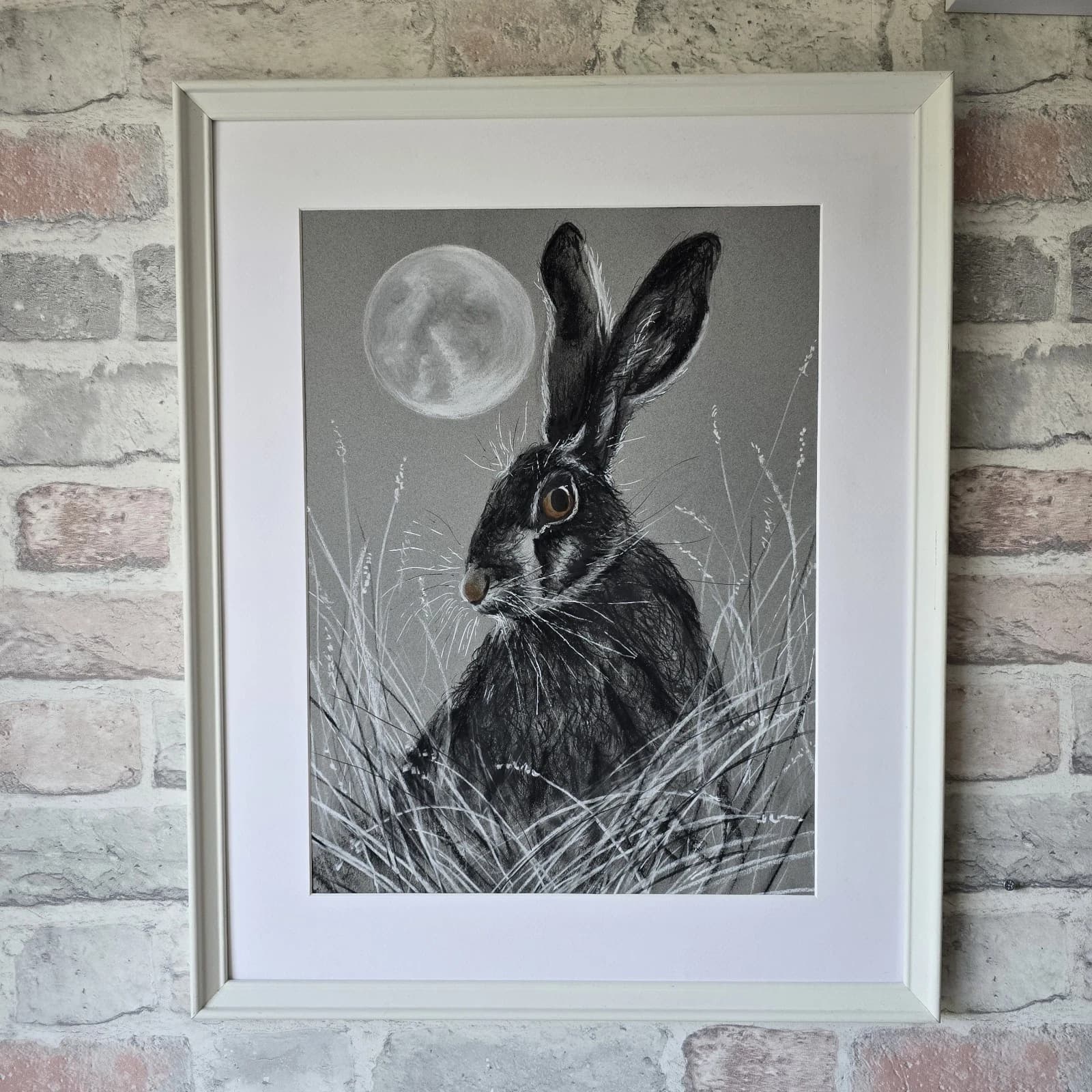 Hare Moon Charcoal Ink Drawing Framed thumbnail 2