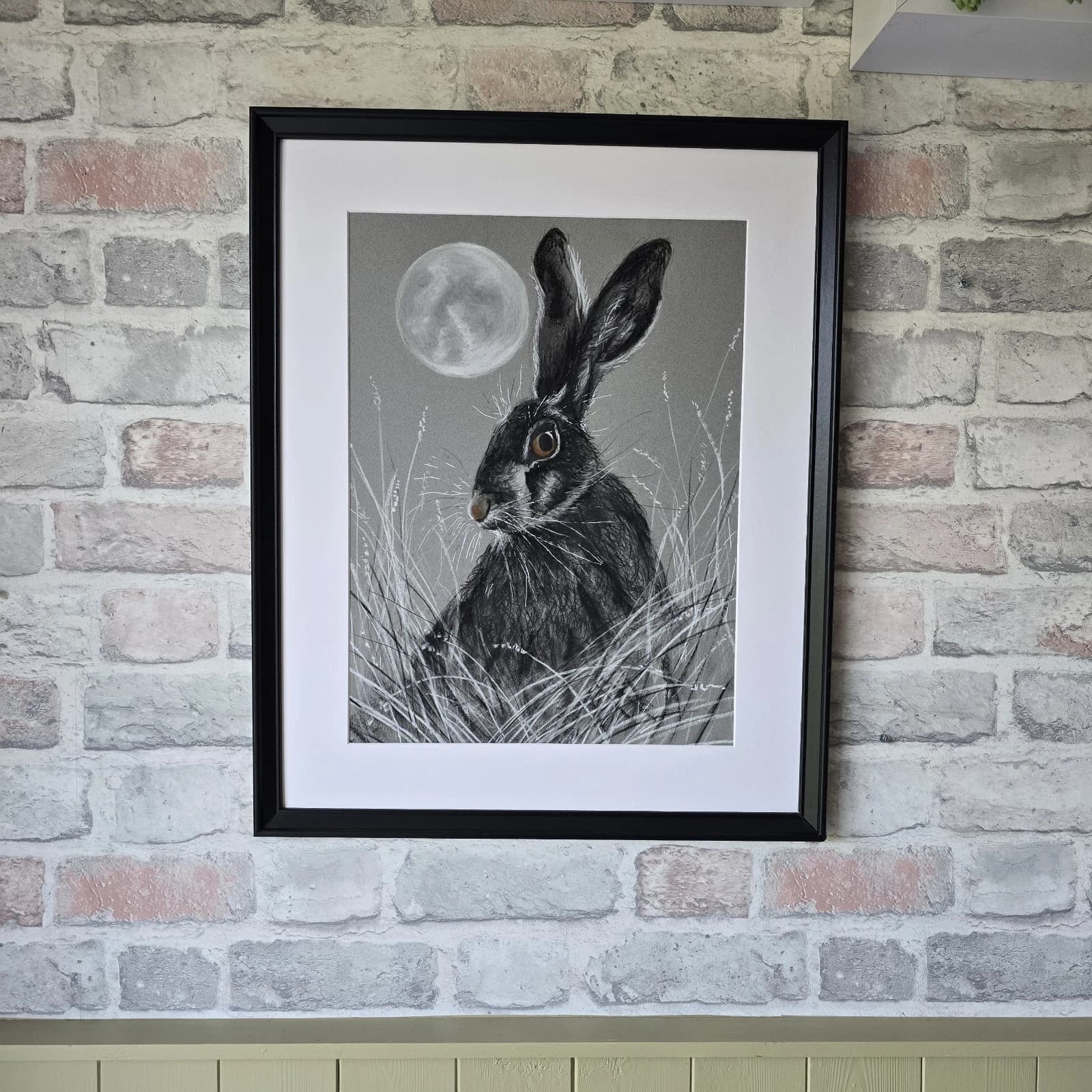Hare Moon Charcoal Ink Drawing Framed thumbnail 3