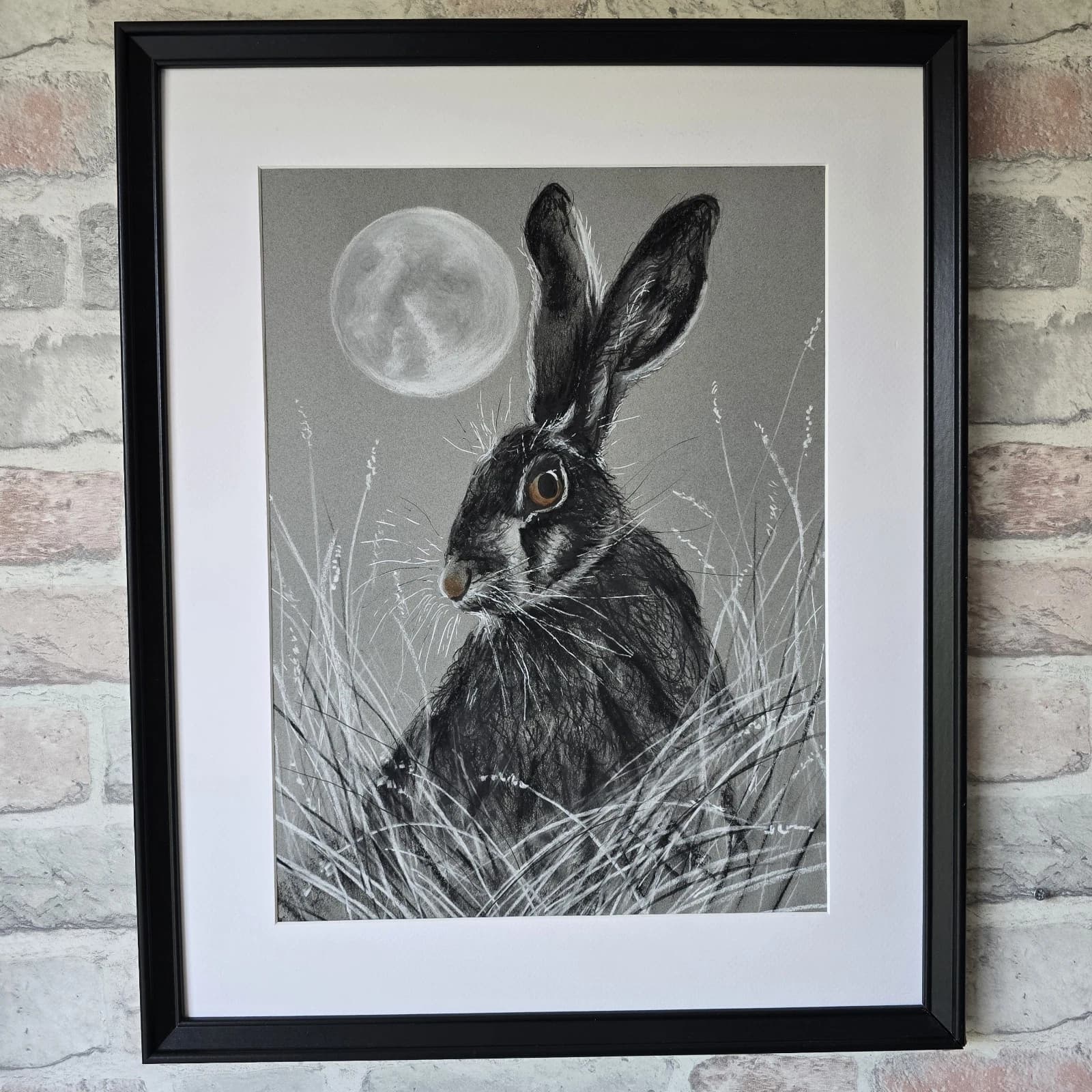 Hare Moon Charcoal Ink Drawing Framed