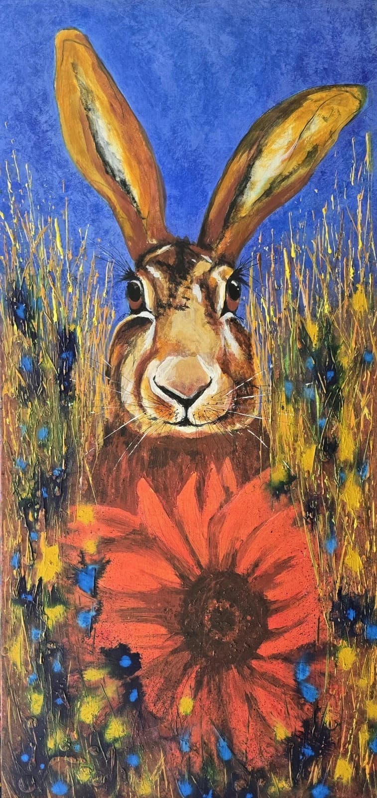 Hare/rabbit Flowers Large Acrylic Canvas Painting thumbnail 2