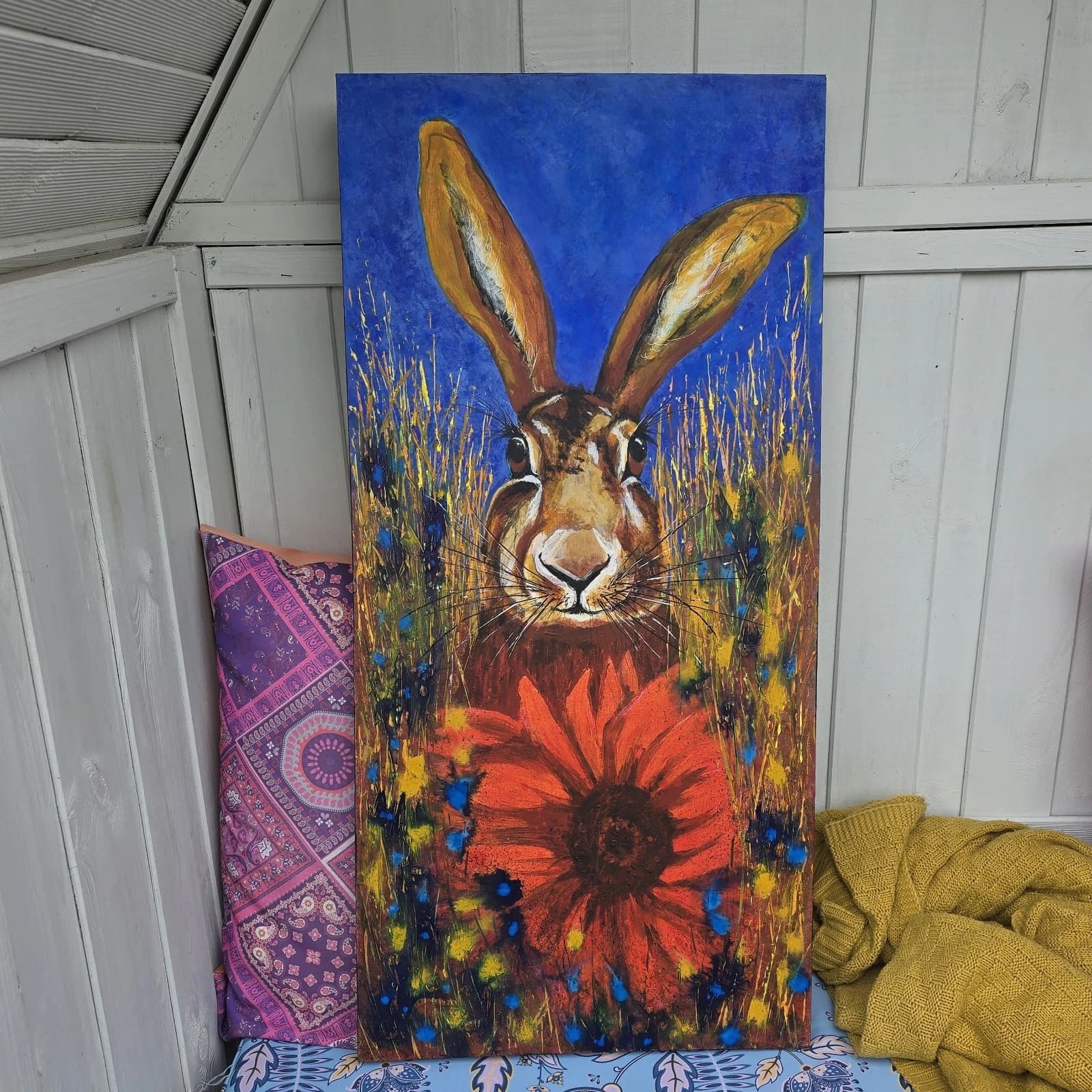 Hare/rabbit Flowers Large Acrylic Canvas Painting thumbnail 11