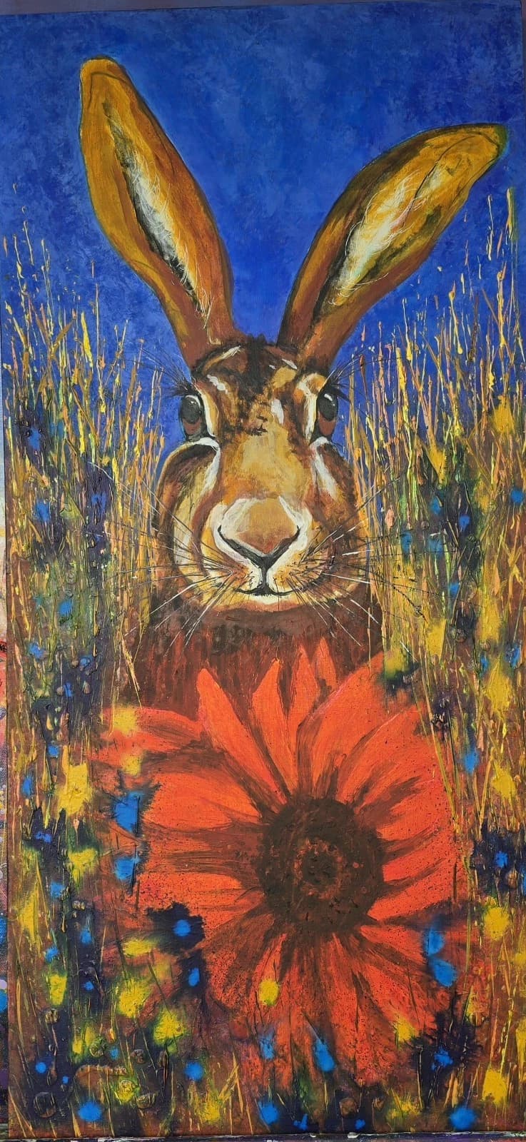 Hare/rabbit Flowers Large Acrylic Canvas Painting thumbnail 5