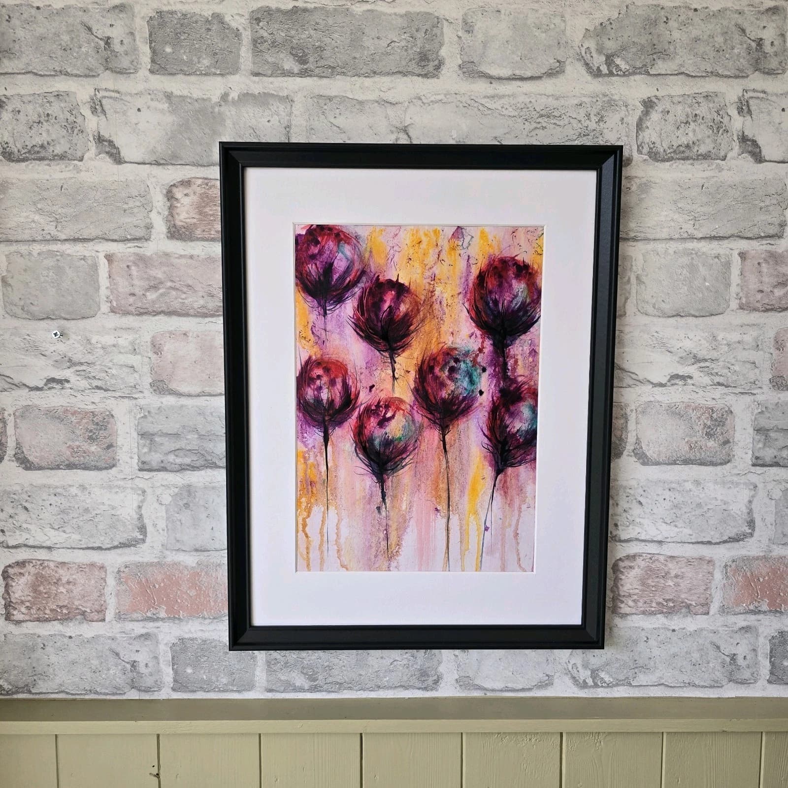 Ink Watercolour Painting Floral Art Flowers Abstract Framed thumbnail 3