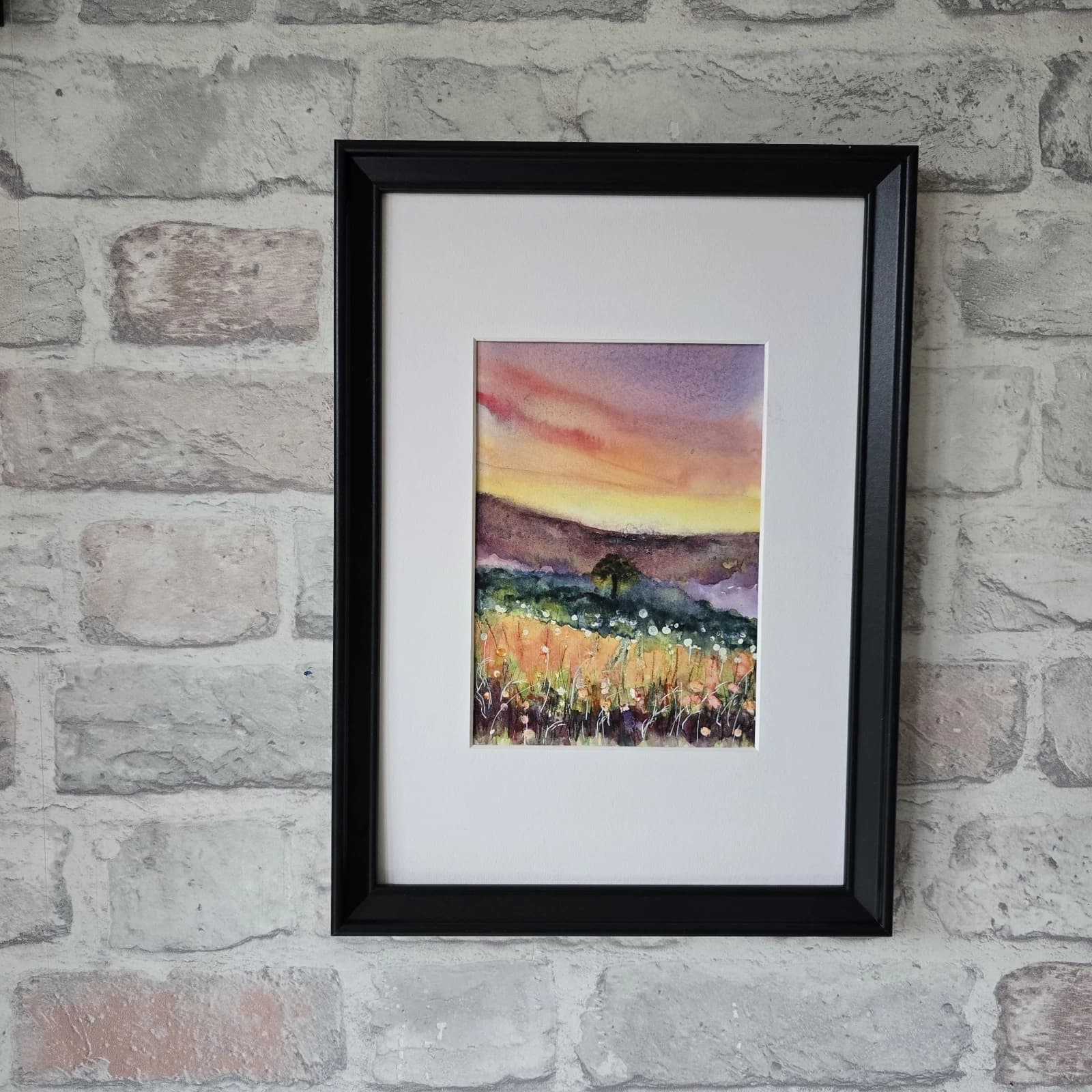 Landscape Hills Sunset Wildflowers Tree Watercolour Painting Framed thumbnail 2