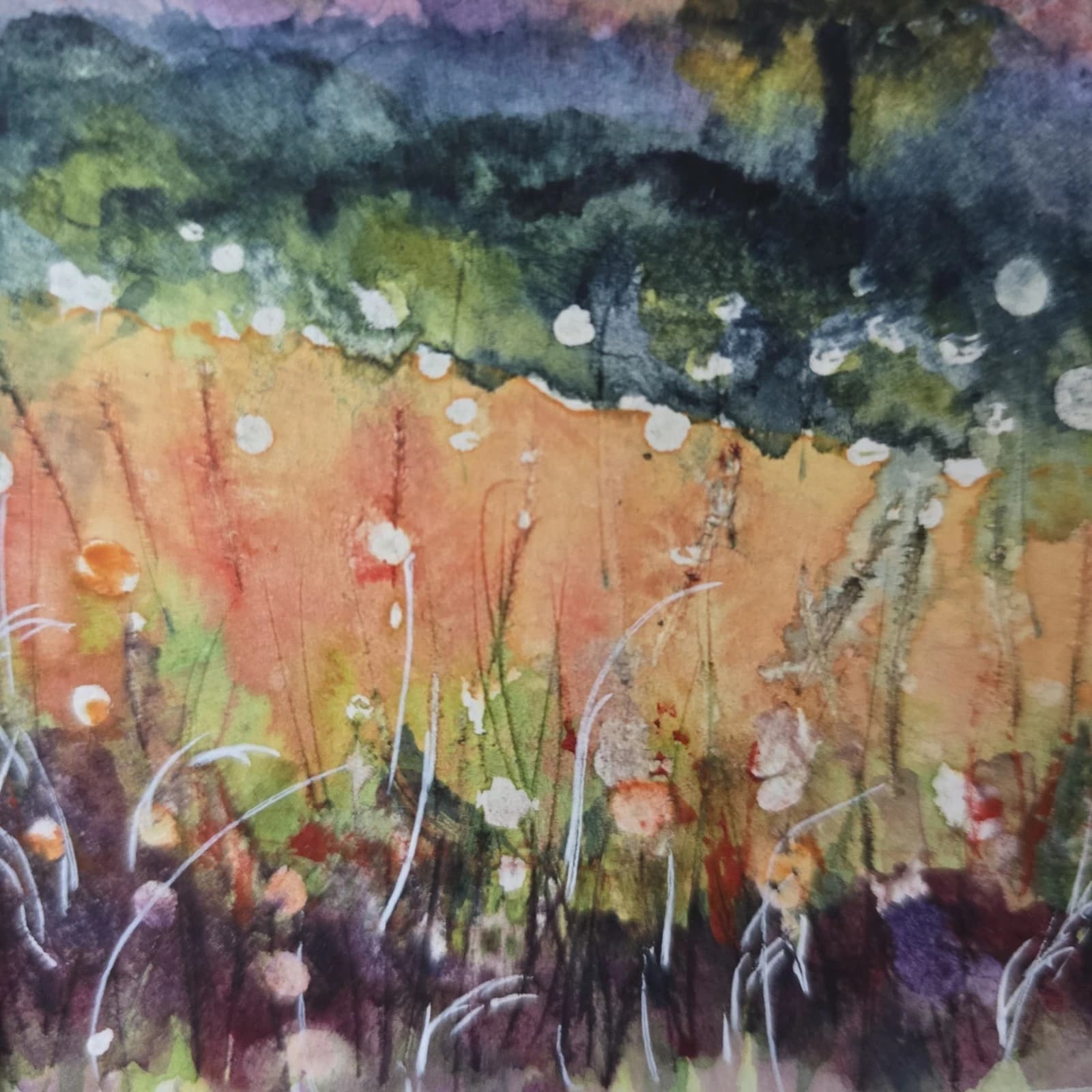 Landscape Hills Sunset Wildflowers Tree Watercolour Painting Framed thumbnail 11