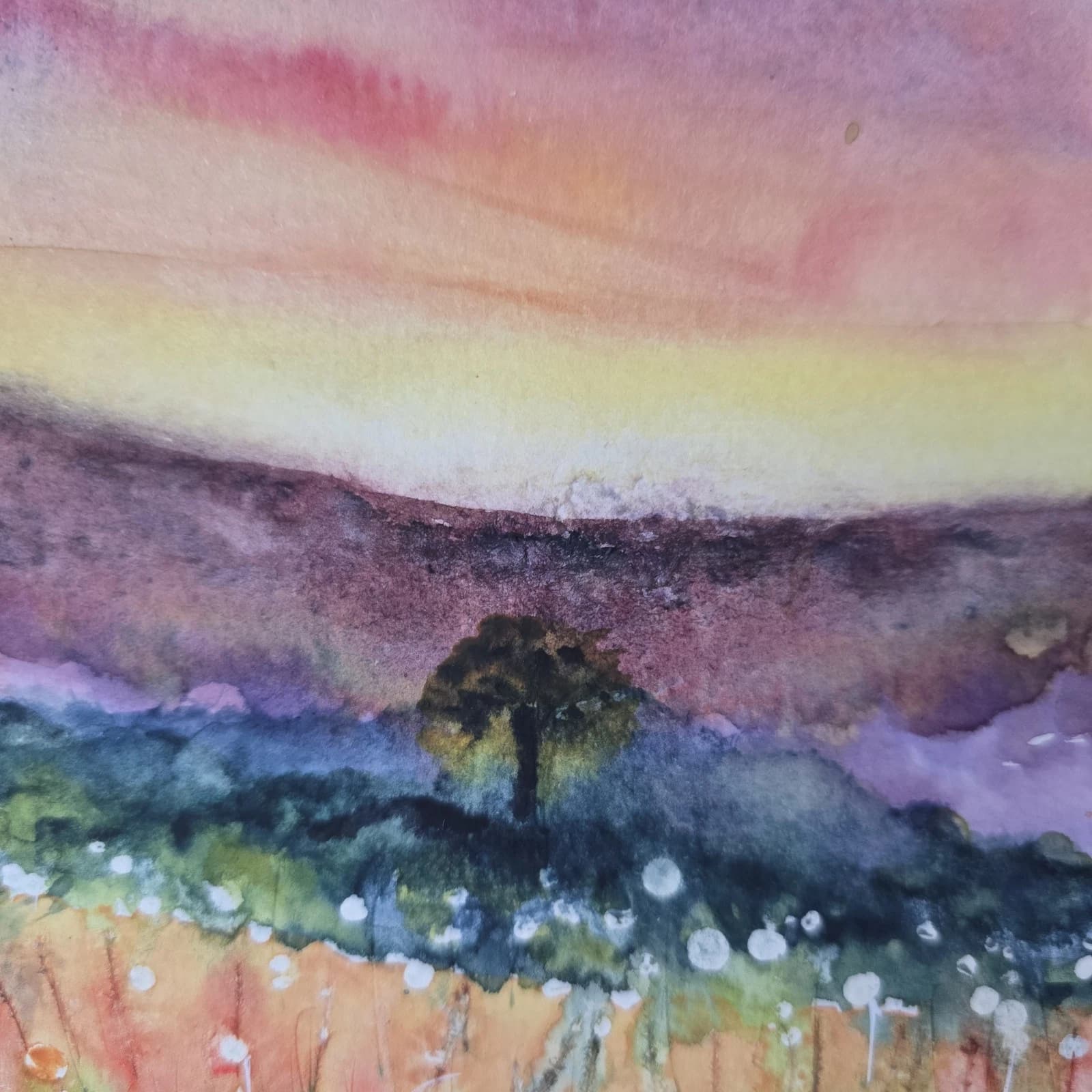 Landscape Hills Sunset Wildflowers Tree Watercolour Painting Framed thumbnail 12