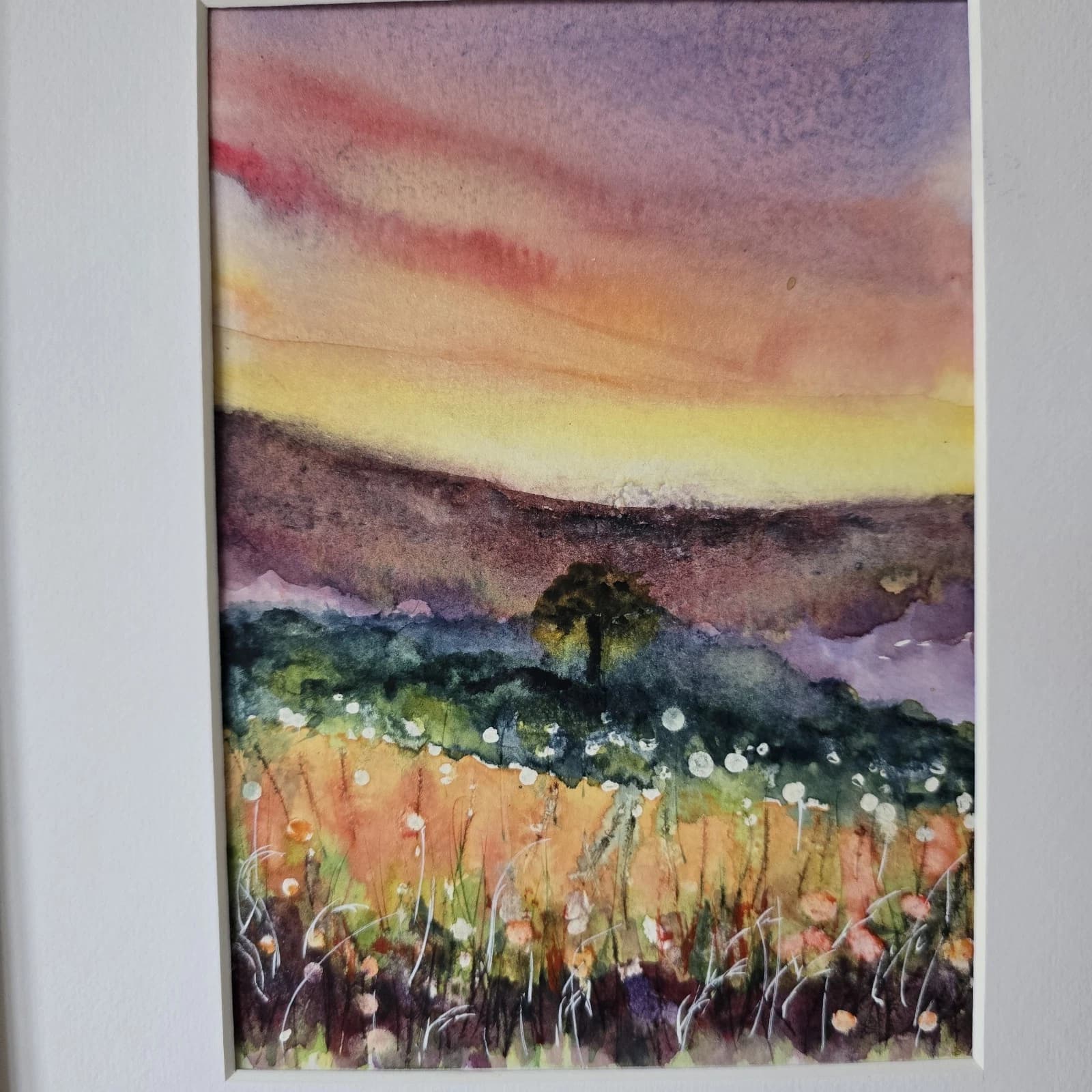 Landscape Hills Sunset Wildflowers Tree Watercolour Painting Framed thumbnail 13
