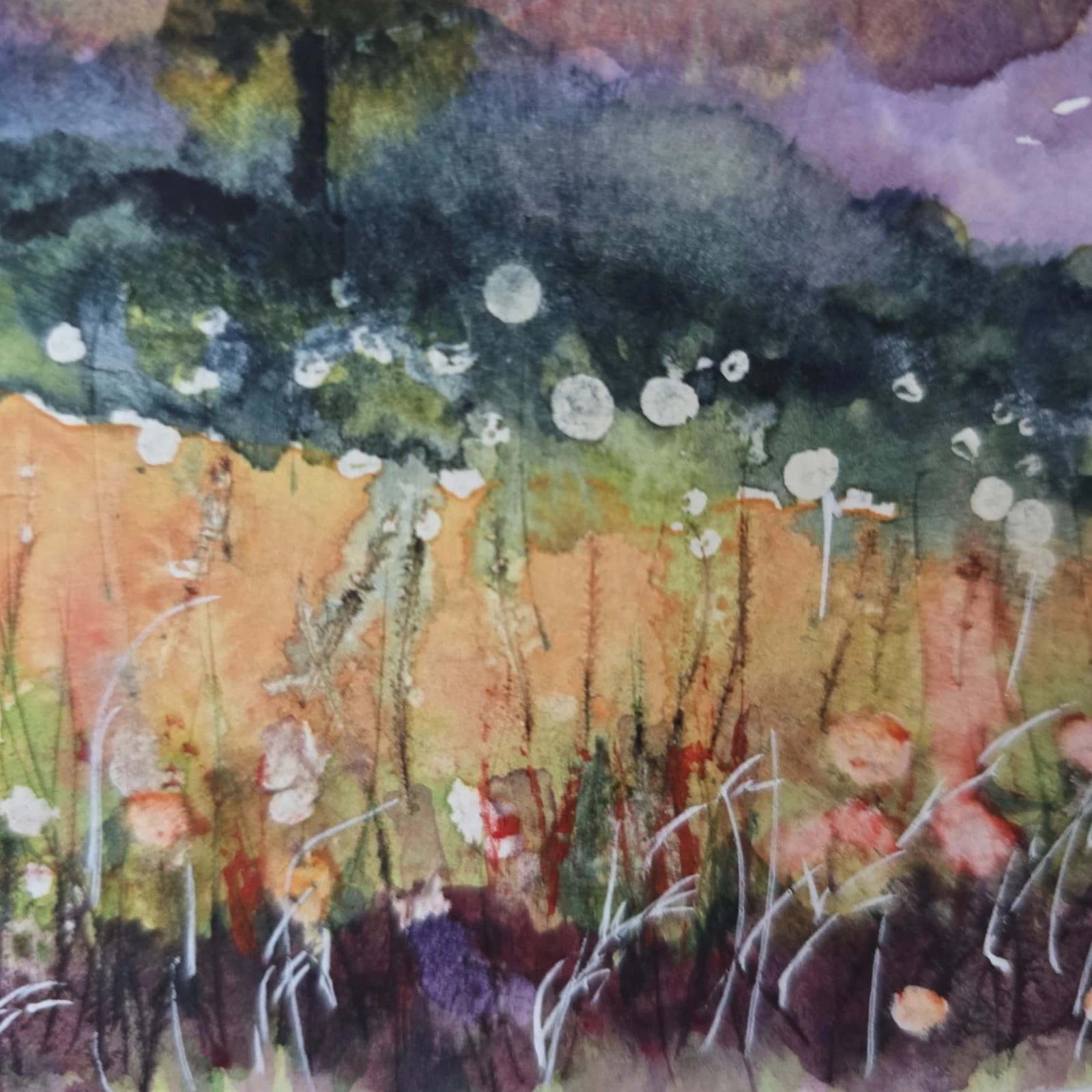 Landscape Hills Sunset Wildflowers Tree Watercolour Painting Framed thumbnail 14