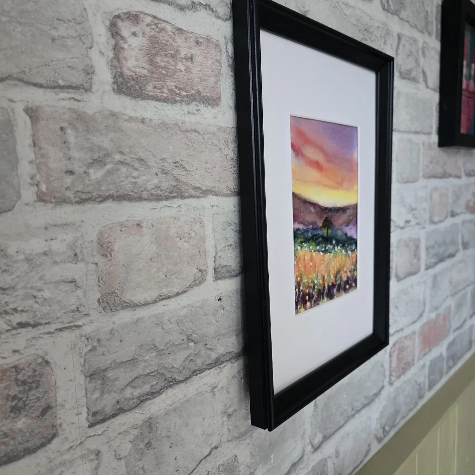 Landscape Hills Sunset Wildflowers Tree Watercolour Painting Framed thumbnail 3