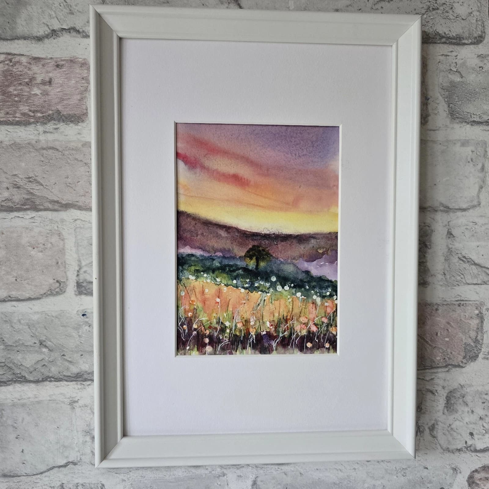 Landscape Hills Sunset Wildflowers Tree Watercolour Painting Framed thumbnail 4