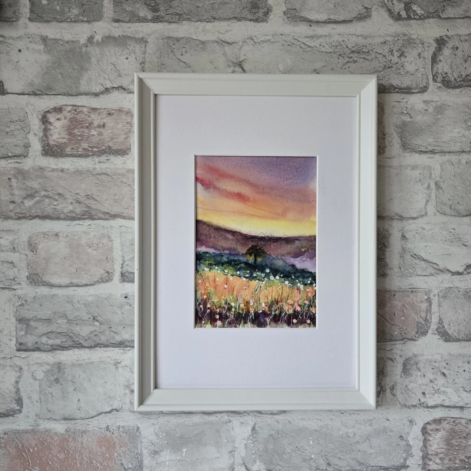 Landscape Hills Sunset Wildflowers Tree Watercolour Painting Framed thumbnail 5